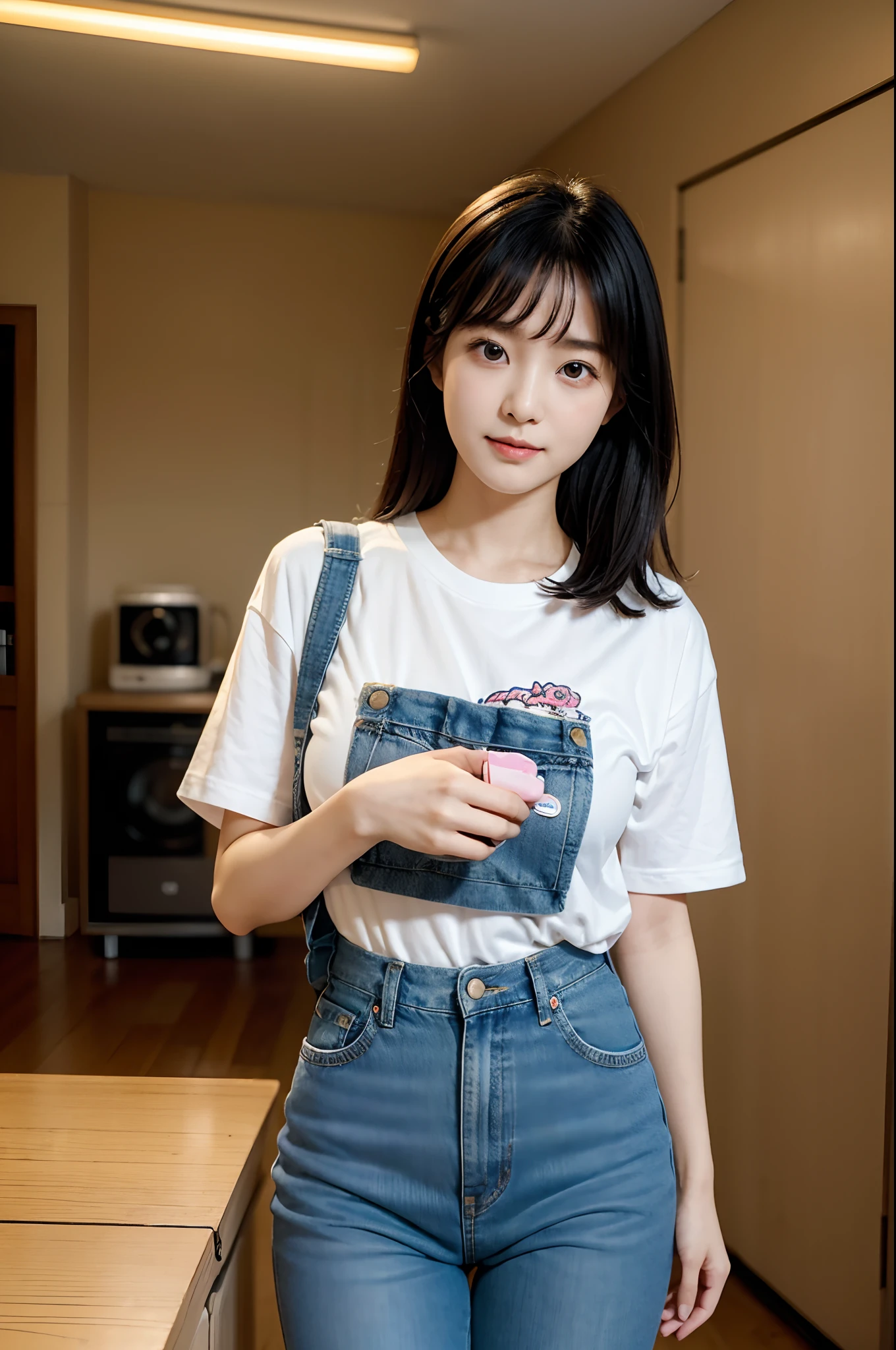 there is a woman standing in a room with a remote, a picture inspired by Kim Jeong-hui, unsplash, realism, ruan cute vtuber, taken with canon 8 0 d, kawaii shirt and jeans, chiho, taken with canon eos 5 d mark iv, wan adorable korean face, she has a cute expressive face, e-girl, e - girl