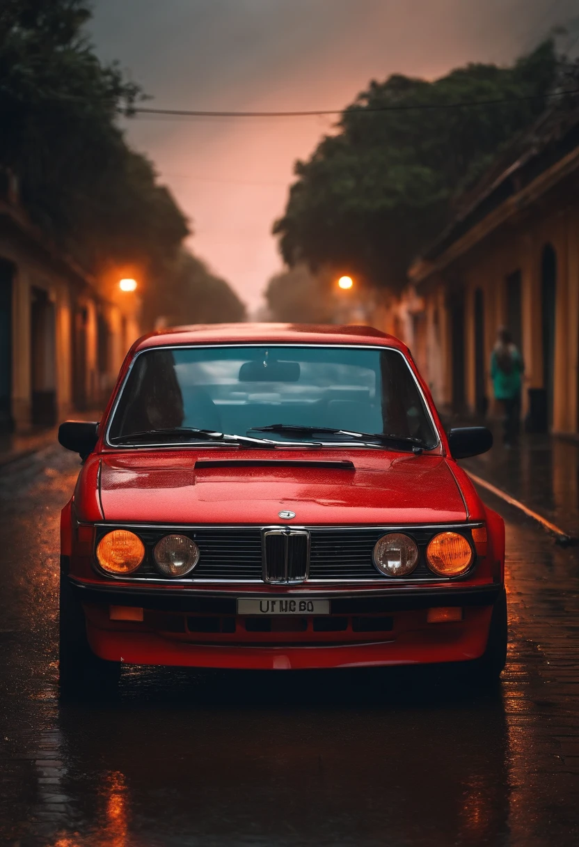 Um carro esportivo vermelho numa rua molhada de chuva, cidade ao entardecer, ultra realista, ultra detalhado.