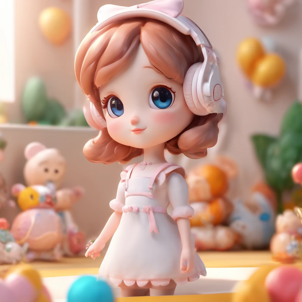 Super Cute Girl IP by Pop Mart, Bright eyes, Cherub,Little white dress, clay, modeled, blind box toy, Glossy and delicate,clean back ground, Good luster, 3D rendering of a,Best Quality,hi-school girl,bow ribbon,headphones