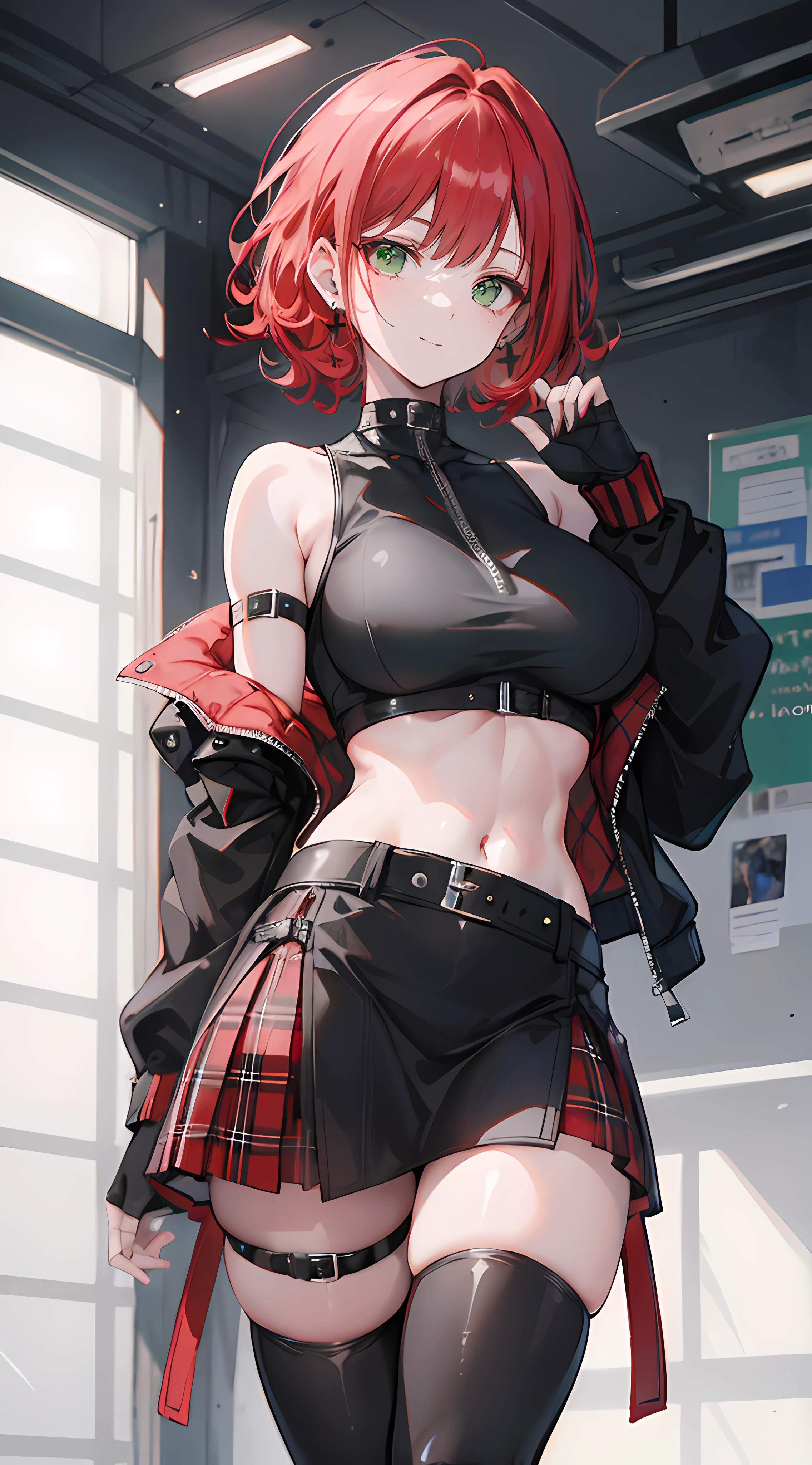 1girl, curly red pixie cut hair parted to one side, green eyes, wearing crop top black shirt, red plaid skirt, black knee high boots, thigh high socks, black fingerless gloves, jacket, stage, exposed shoulders, thick thighs, full body, large breasts, freckles, abs, boob window, underboob, absurdres, high res, ultrasharp, 8K, masterpiece, looking at viewer
