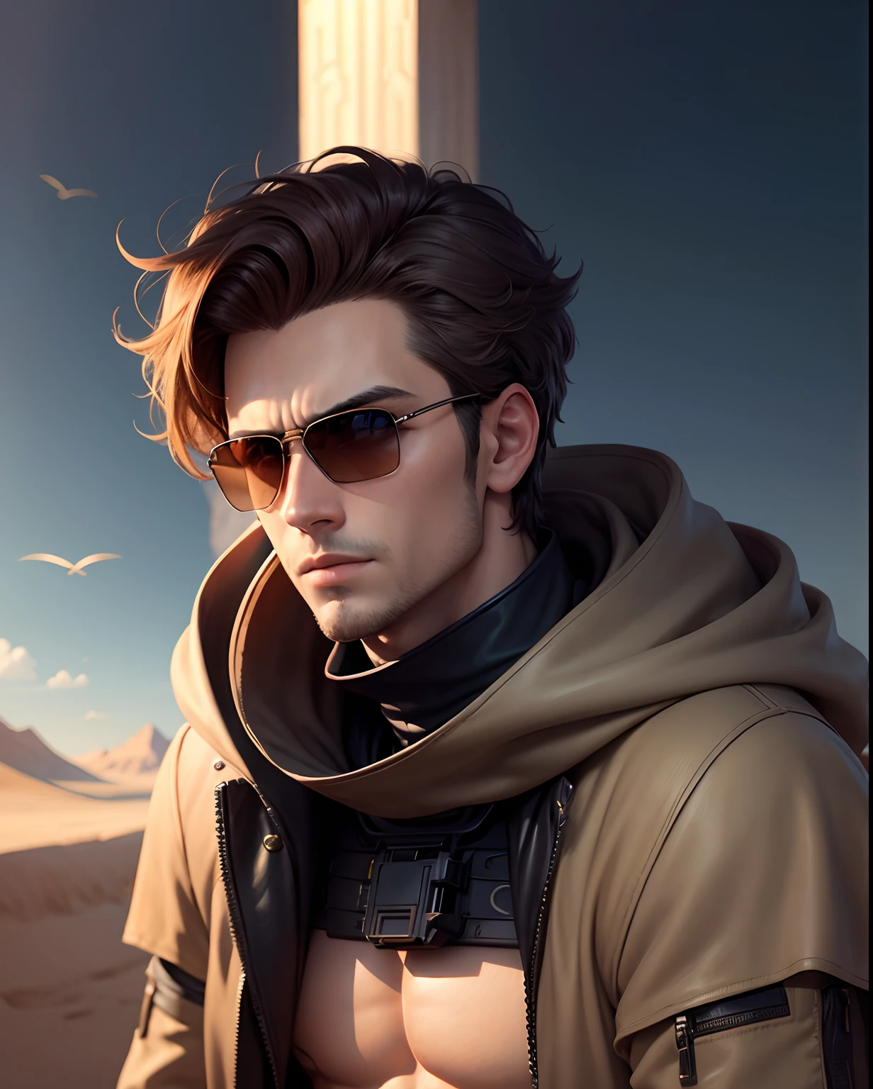 Change background dune handsome boy realistic face 8k ultra realistic with a sunglasses