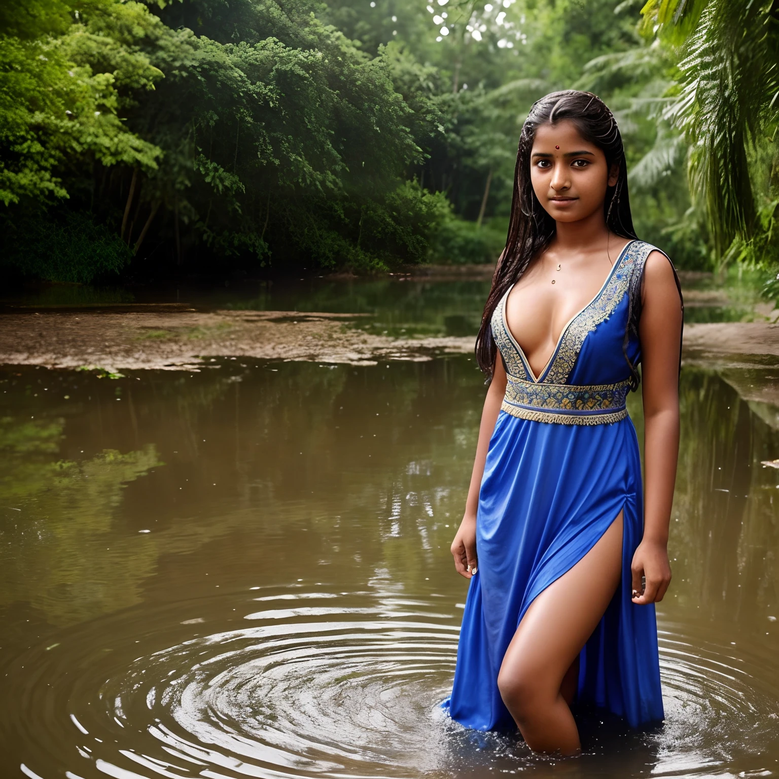 indian village girl, in long dress, cleavage, sexy, hot, in pond, coming out of pond, long covering wet dress, cleavage, real, photo real