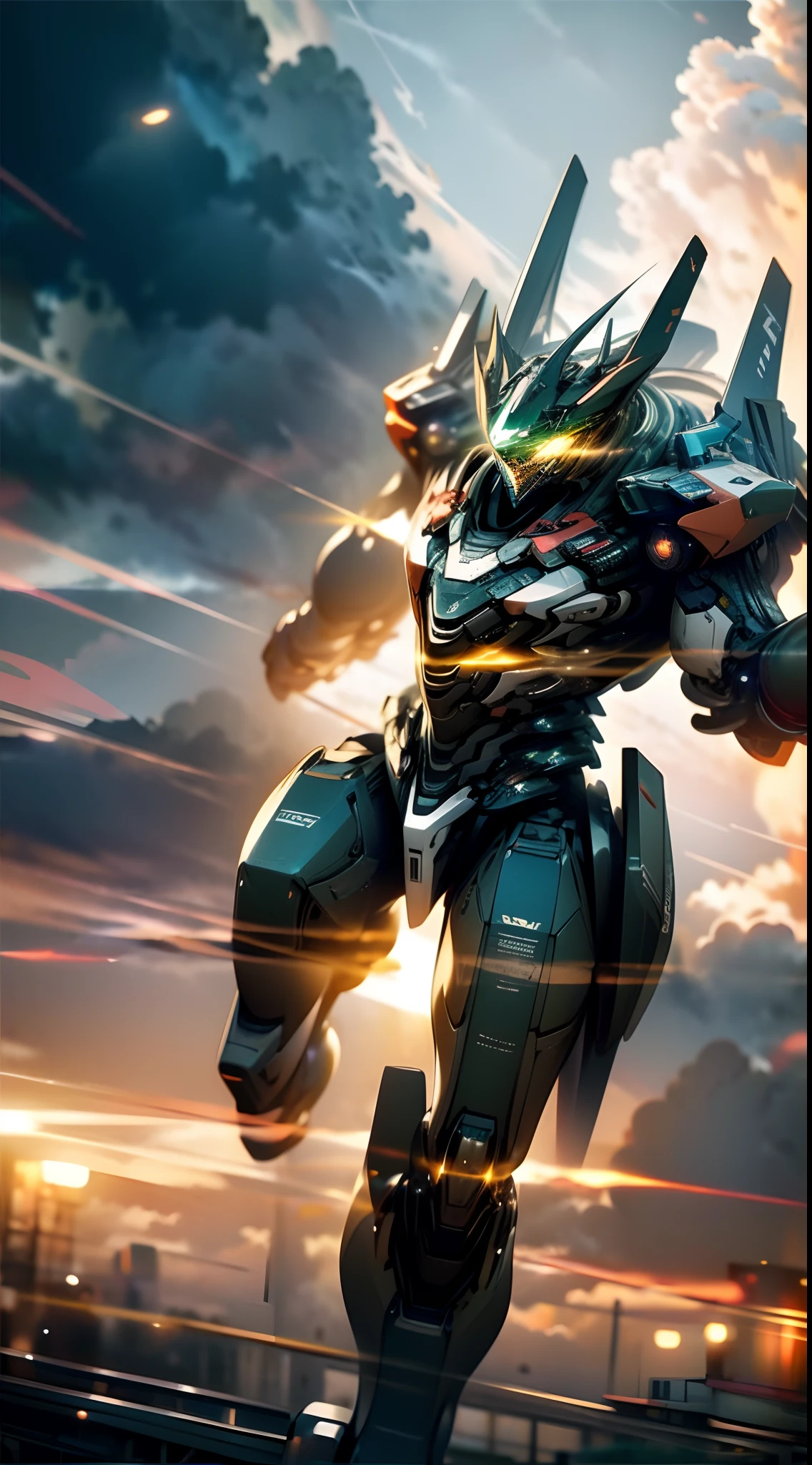 Vanishing point (from above,), cinematic lighting, motion blur, flash, ray tracing, high quality, award-winning, best quality, high detail, 16k, 8k,sky, clouds, holding_weapon, no_humans, glow, , robot, building, glowing_eyes, mecha, science_fiction, city, realistic, humanoid mecha ( chrome texture, futuristic mechatronic feel),