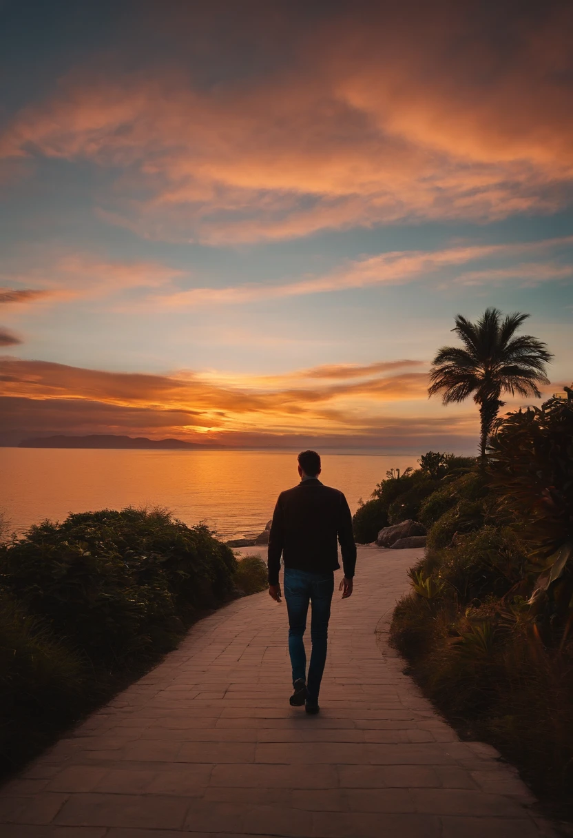 homem jovem, Walking down the street in the sunset