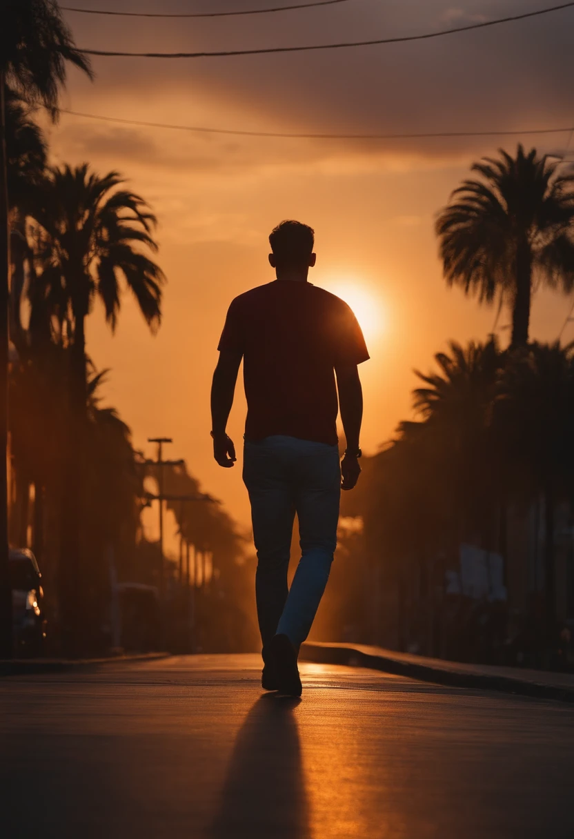 homem jovem, Walking down the street in the sunset