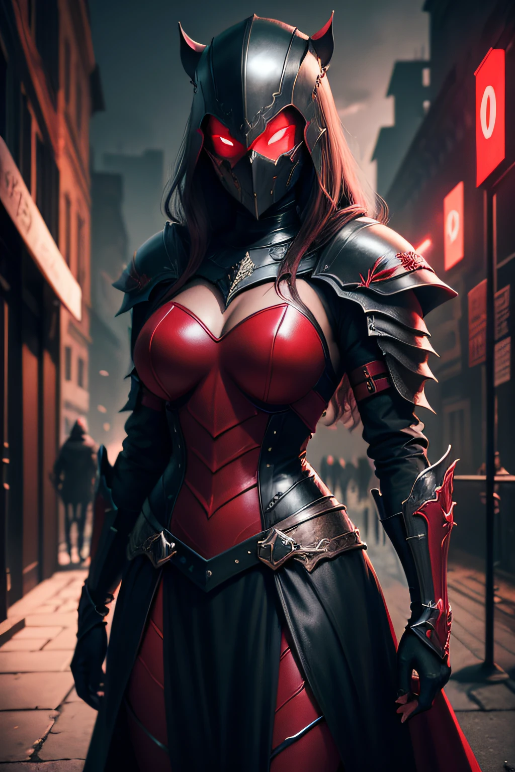 Ark Art Darkweb outdoor one street ,Catacomb décor ,2femmes vampires Evil Knight, Using a red neon mask, Use of red neon armor, Medieval weapon, darkness,obscur,4K