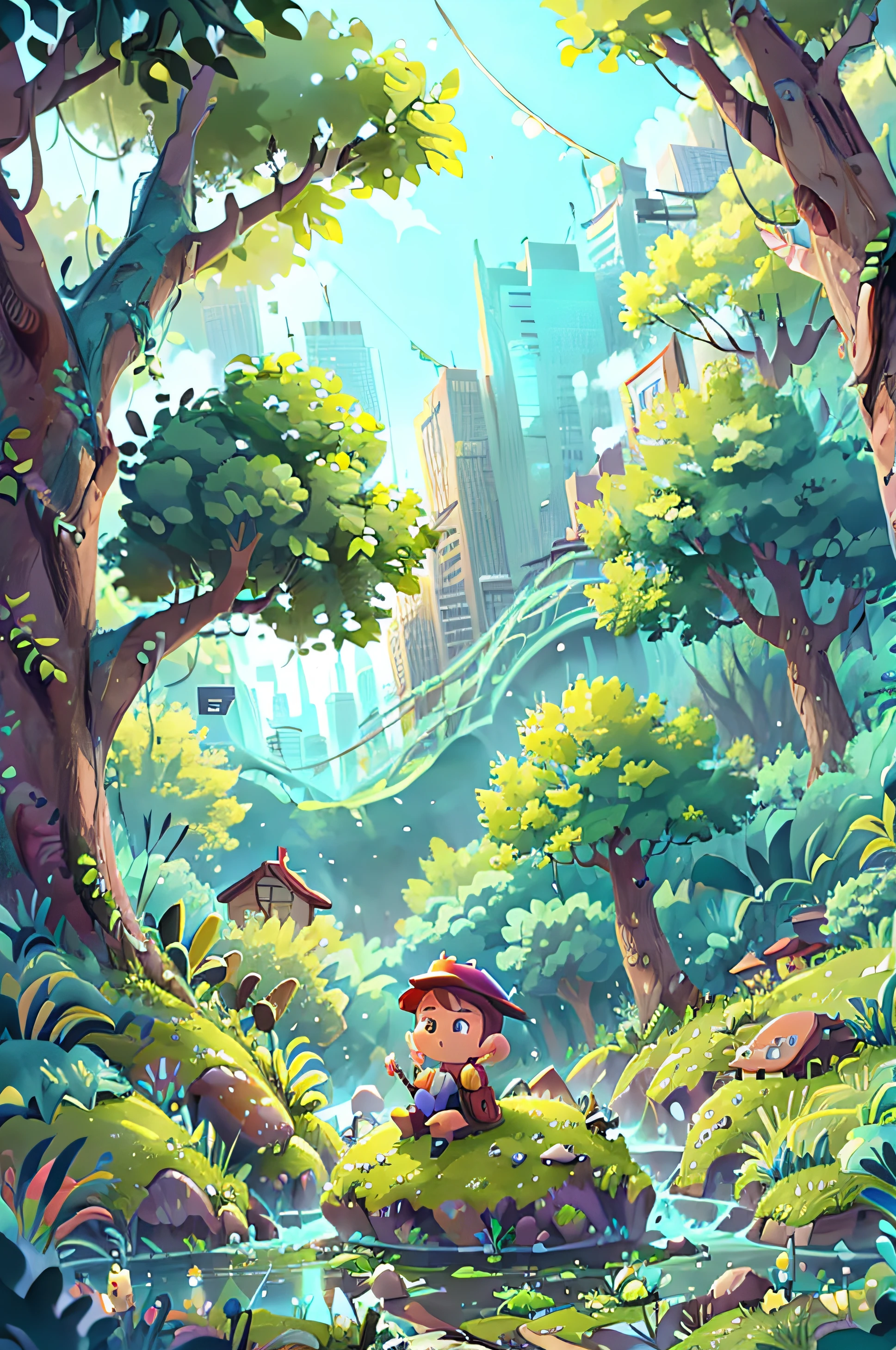River on the bank has a city and a beautiful sky forest, Full cinematic vision