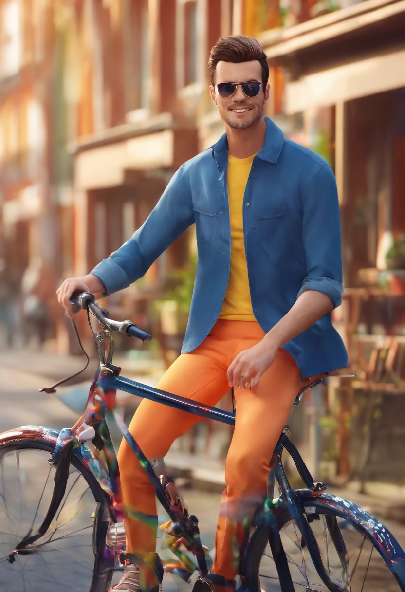 (best quality,3D,HD:1.2),a man on a bicycle,looking at the camera,front view,(photorealistic:1.37),(vivid colors,vibrant colors),(studio lighting:1.1),detailed face and eyes,modern bicycle,urban background,clear and sunny day,realistic motion blur,professional artwork,sharp focus.