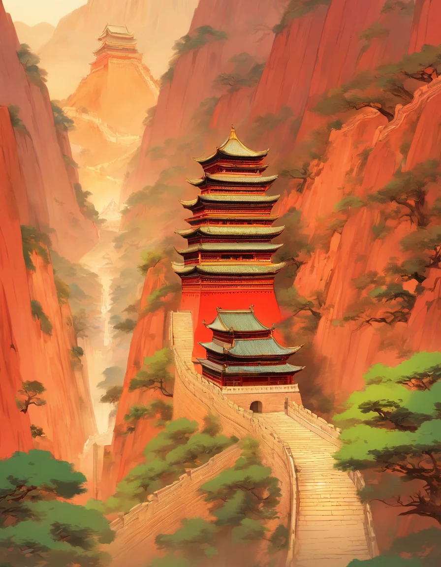 Ancient painting giant pen, Poetic, beijing, Great Wall of China, closeup cleavage, Gradient, Golden architecture, Matte red background, Trees and emperors decorate paradise