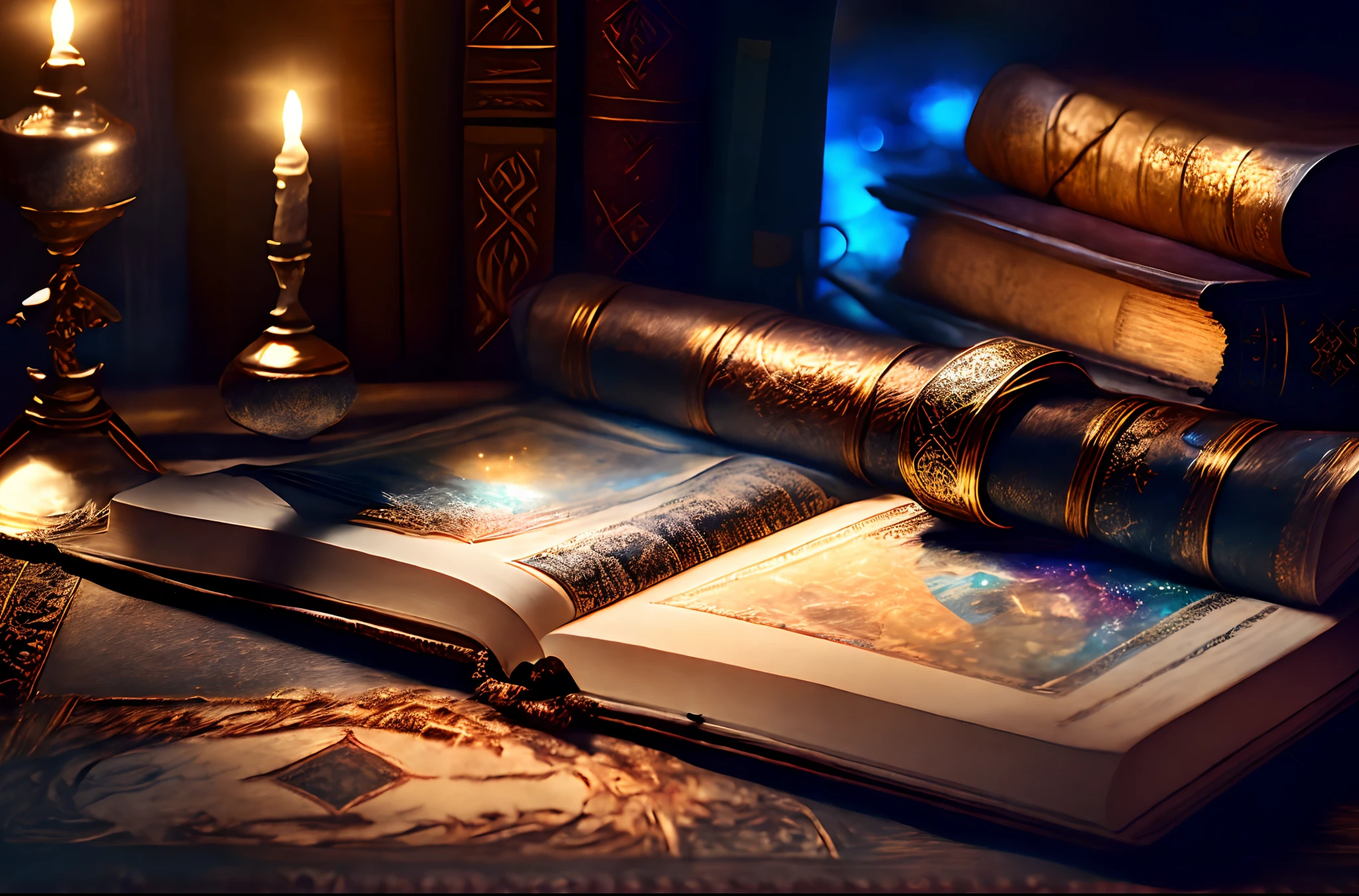 Arabic oold Magic scrolls and books in the medieval library Compass of the Muslim Rosary The Magic Hour, Professional Photography, Renderizado de octanaje, Hyperrealistic - Amazing Sunlight, dynamic composition, Cinematographer, foco nítido, Bokeh