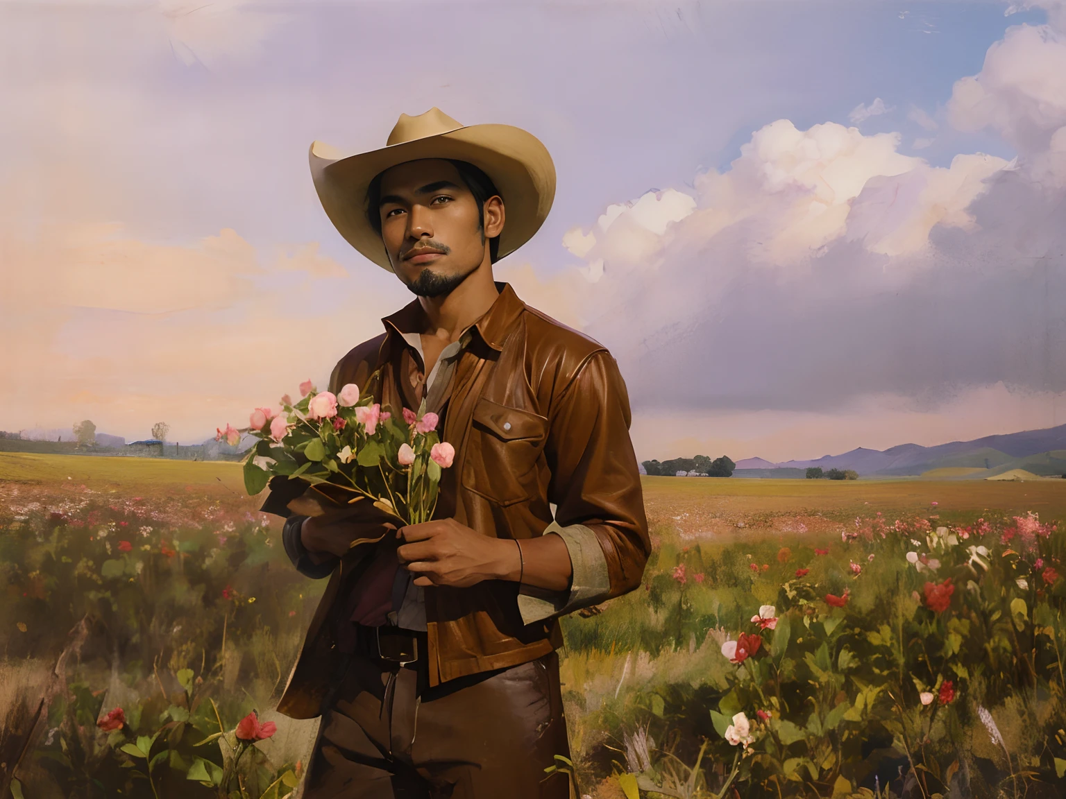 lone male cowboy holding wild roses on a field, brown attire, filipino american, handsome face, late 20's, light facial hair, medium length wavy hair, dark brown cowboy hat