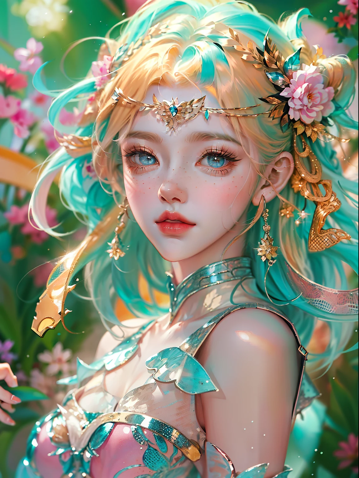 ((ultra detailed)),((Bright eyes)), (Detailed eyes) , 8k, blink blink, (The Little Faux Freckles Makeupgirl), ((realistic skin)), ((focus detailed 2 straps on the shoulders of dress)) , ((shiny facial skin)), with colorful hair and a colorful dress, rossdraws pastel vibrant, rossdraws cartoon vibrant, style anime 8k, beautiful portrait, artgerm colorful!!!, ! dream artgerm, beautiful anime girl, styled digital art, art wallpaper 8k, digital art, extremely detailed artgerm,