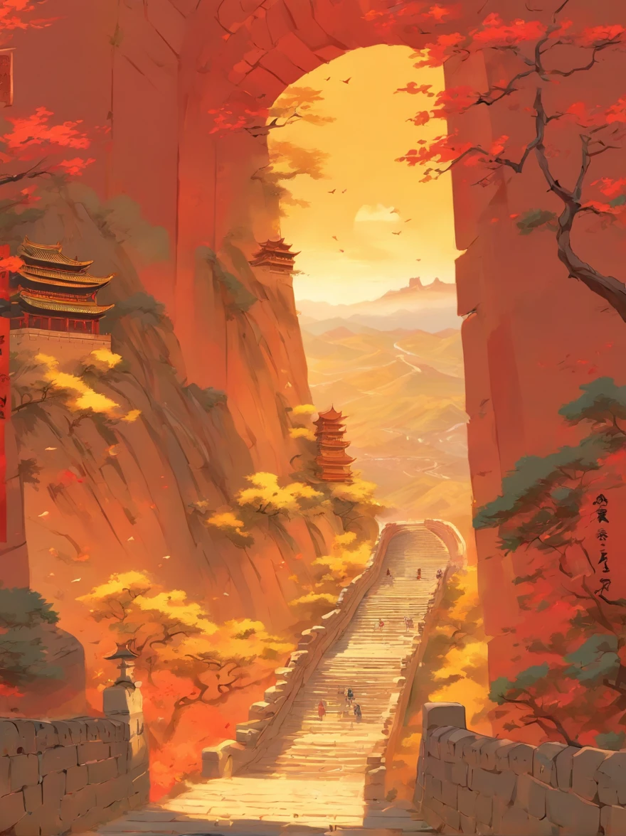 Ancient painting giant pen, Poetic, beijing, Great Wall of China, closeup cleavage, Gradient, Golden architecture, Matte red background, Trees and emperors decorate paradise