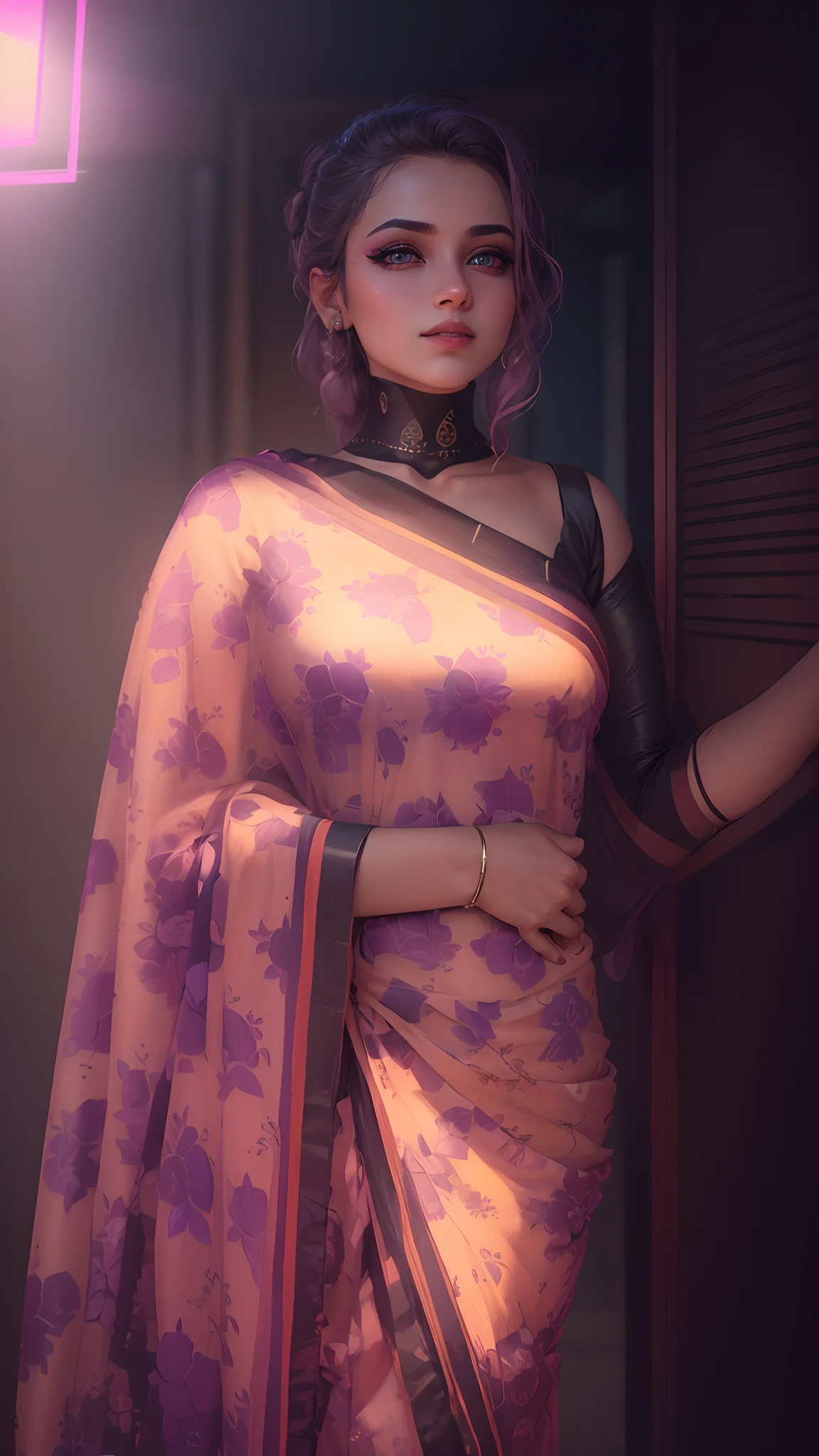 1girl , beautiful light eyes,wearing saree , realstic ,light background, cyberpunk