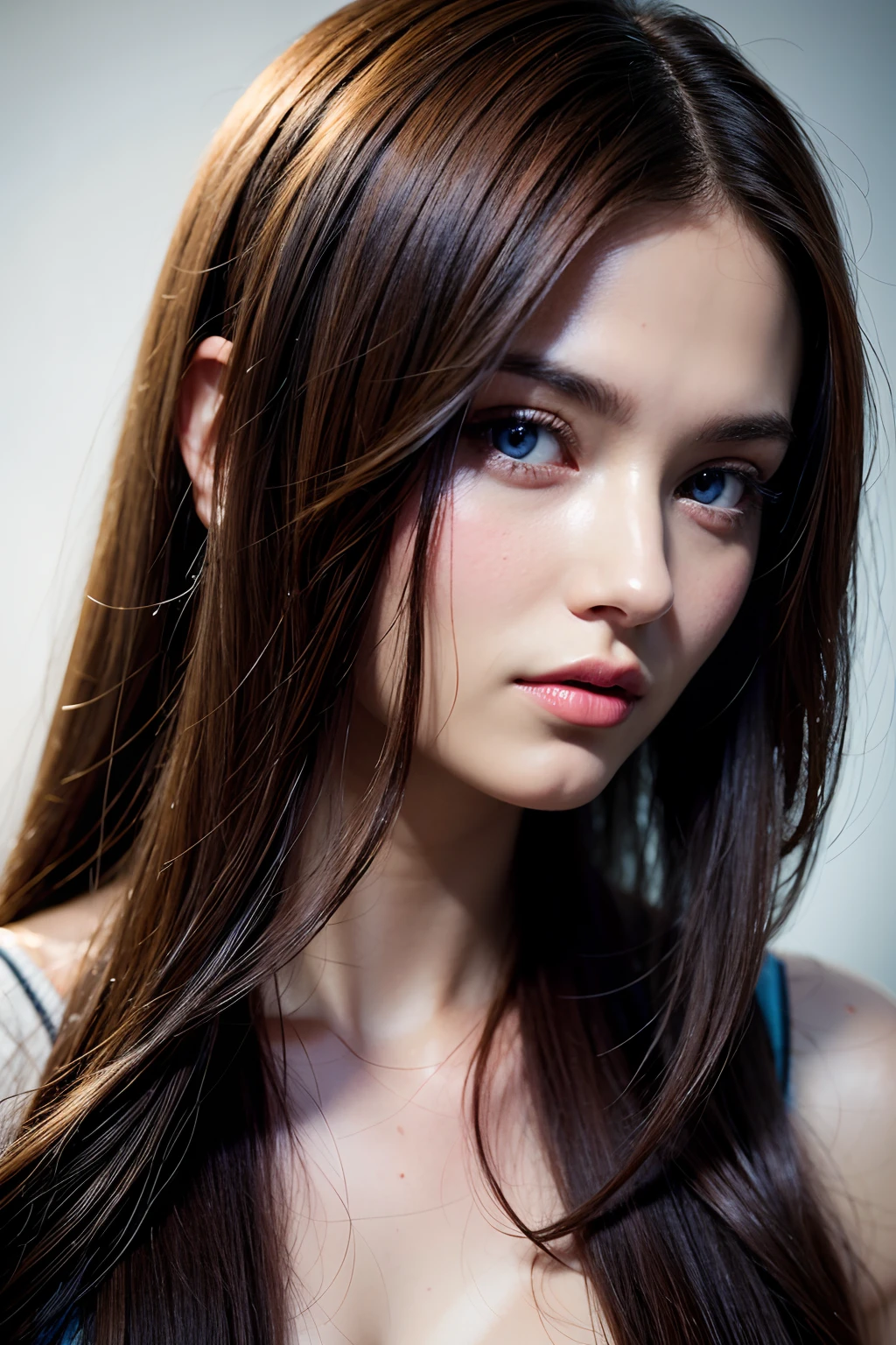 close up of a beautiful brunette, long hair, blue eyes