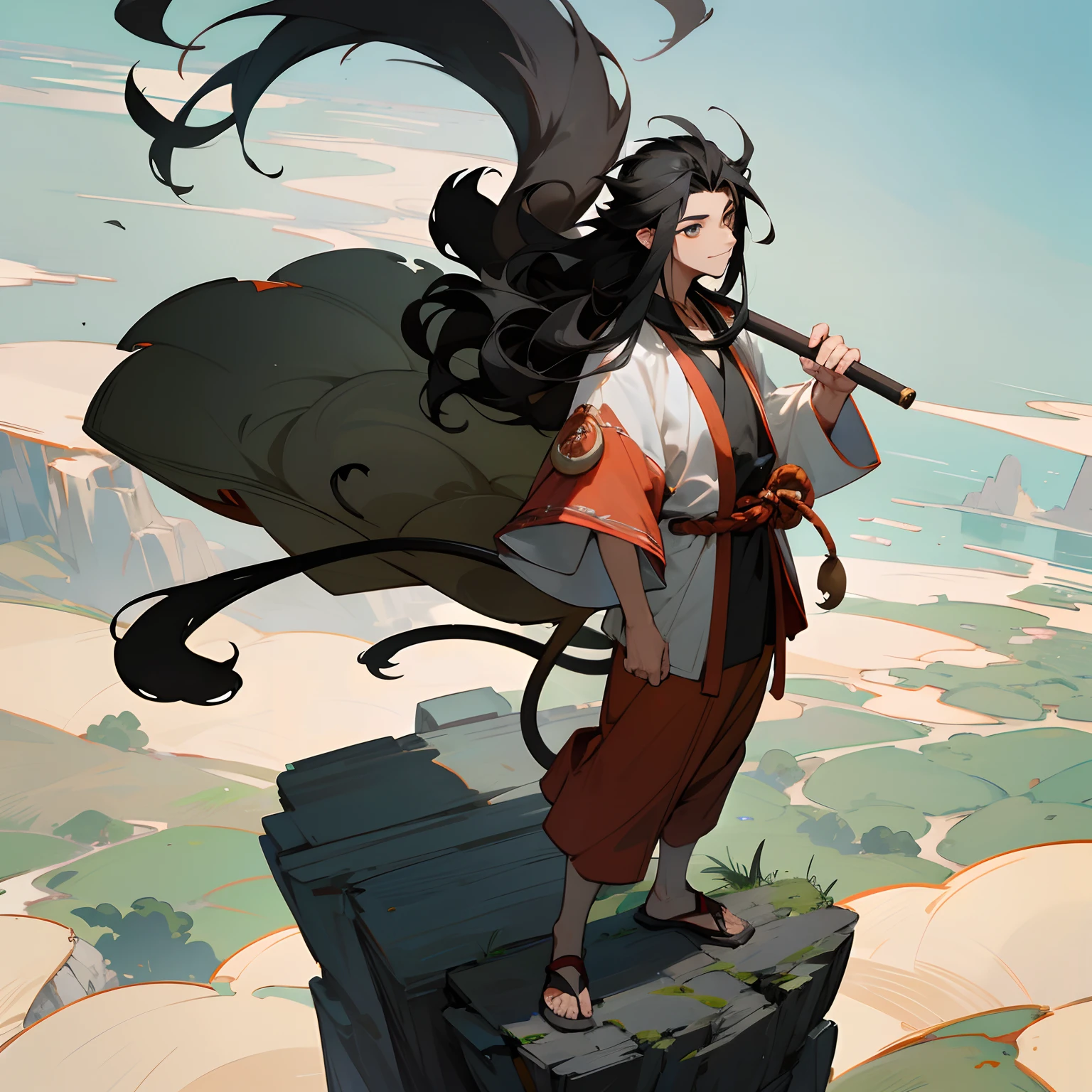 1male, monkey king, layered hair, black hair, standing on a cliff, overlooking village, one hand to the sky , monkey tail , animal tail , grey and white gi