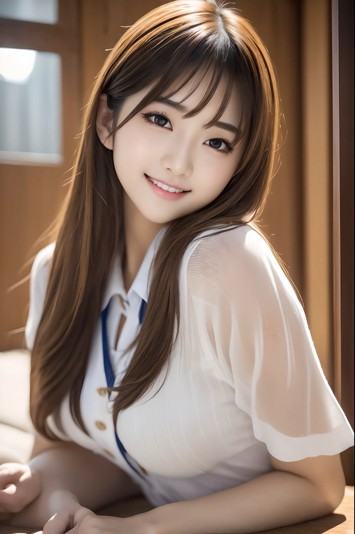 ((8K, Raw photo, Best Quality, masutepiece:1.3)), ultra-detailliert, 超A high resolution, high-definition RAW color photography, Photo of Pretty Japanese school girl,crass room,School uniform,((Brown hair,midium breasts:1.1)),Looking at Viewer,professional photograpy, extremely delicate and beautiful, amazing, finely detail, highly detailed beautiful girl, extra detailed face, extremely detailed eye, highlydetailed skin, extremely detailed fingers, highly detailed nose, highly detail mouth,(Perfect Anatomy),1girl in,Perfect Body Beauty: 1.4,Highly detailed facial and skin texture, Fine eyes, Double eyelids, Whitening skin, Very smiling,