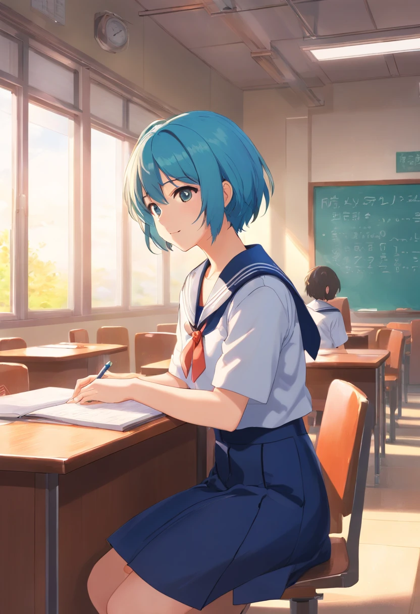 17-year-old girl,It's a girl,Short bob hair,A smile,hi-school girl,Large classroom,blue hairs,Sit by the window in the classroom,Unable to write math problems,The gentle sun shines on him,Was wearing a uniform,It is a sailor suit