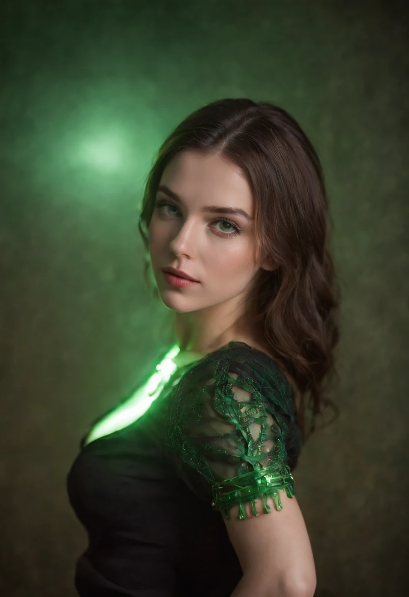 fair complexion, woman around 19 years old, natural brown hair, distinctive green eyes, wearing bondage gear, slender and graceful, beautiful, candlelight in a dark room, ultra sharp focus, realistic shot, bondage, chains, revealing clothing, tetradic colors