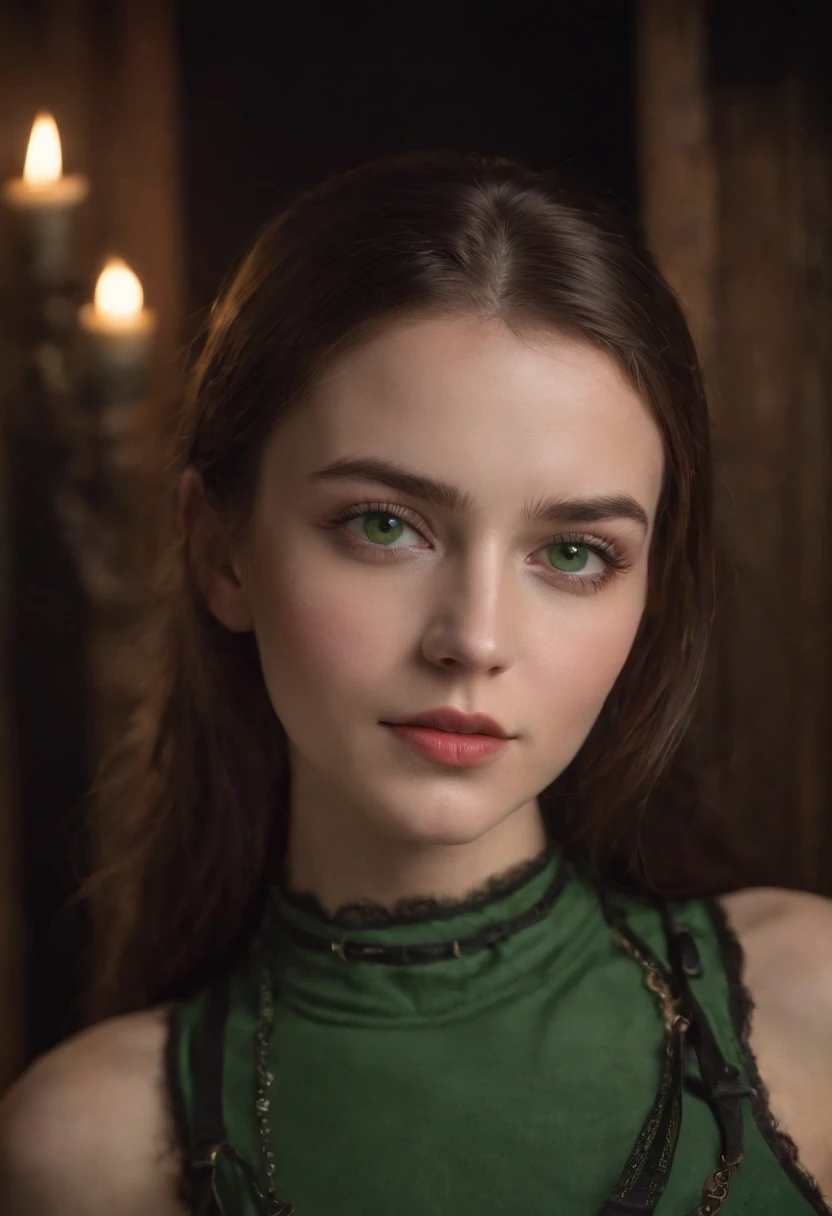 fair complexion, woman around 19 years old, natural brown hair, distinctive green eyes, wearing bondage gear, slender and graceful, beautiful, candlelight in a dark room, ultra sharp focus, realistic shot, bondage, chains, revealing clothing, tetradic colors