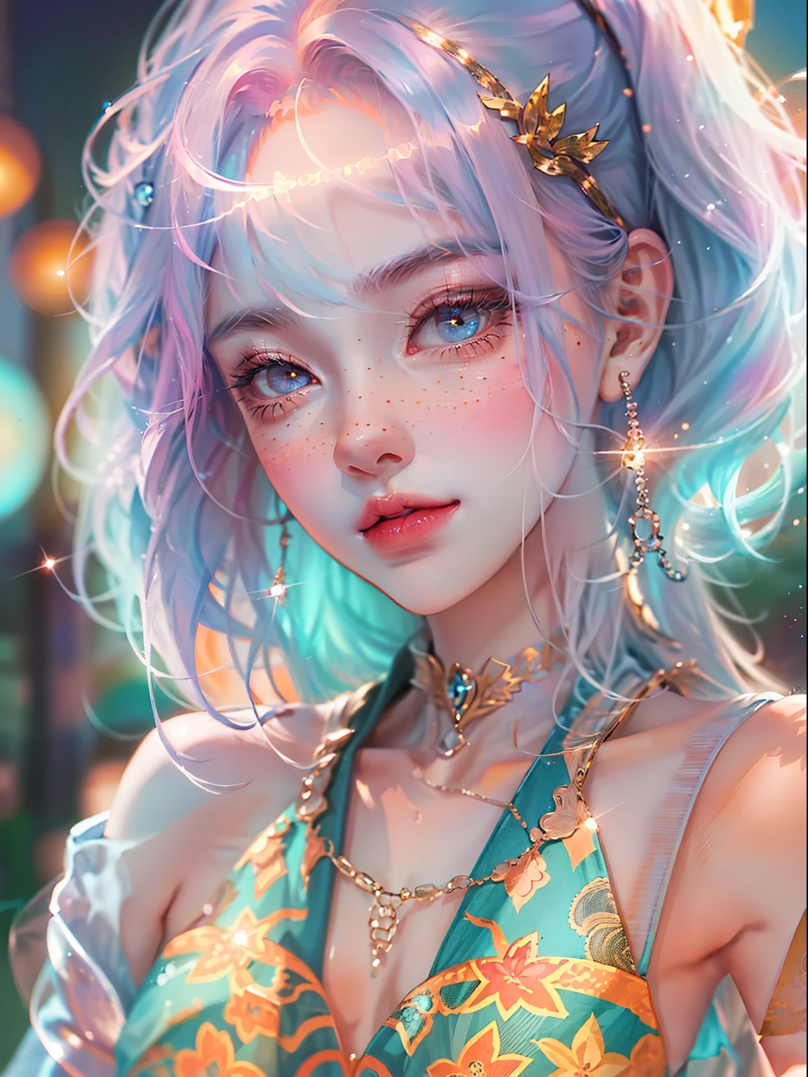 ((ultra detailed)),((Bright eyes)), (Detailed eyes) , 8k, blink blink, (The Little Faux Freckles Makeupgirl), ((realistic skin)), ((focus detailed 2 straps on the shoulders of dress)) , ((shiny facial skin)), with colorful hair and a colorful dress, rossdraws pastel vibrant, rossdraws cartoon vibrant, style anime 8k, beautiful portrait, artgerm colorful!!!, ! dream artgerm, beautiful anime girl, styled digital art, art wallpaper 8k, digital art, extremely detailed artgerm,