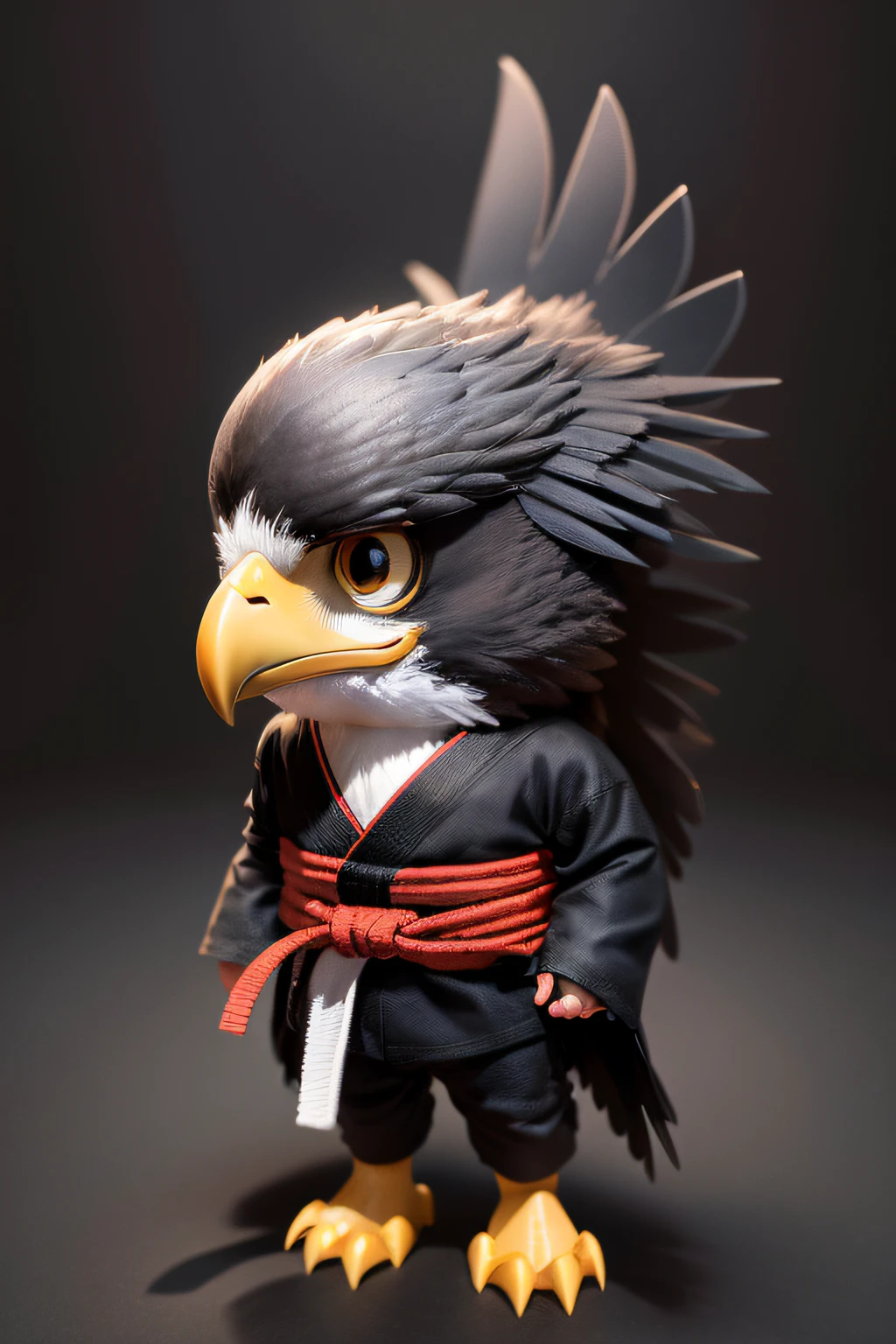 Create a cartoon-style 3d mascot of a  eagle using jiujitsu kimono on a black background. The eagle must be represented with human characteristics that demonstrate that it is a chil