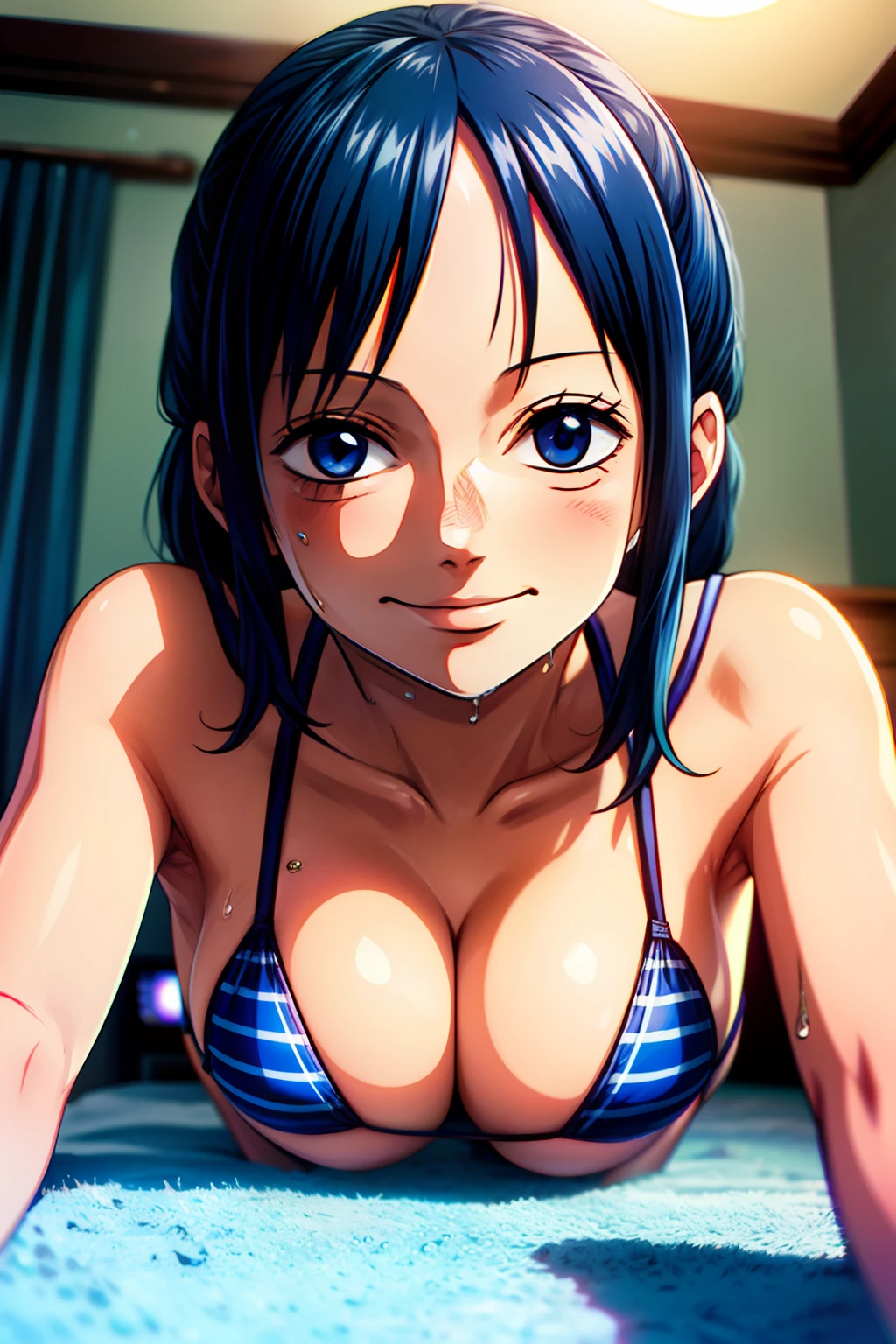(master piece)) ((best quality)) ((ultra detailed)) ((1Woman)) ((bikini)) ((bikini top only)) ((Dark blue hair)) ((long silky hair)) ((long nose)) ((tashigi one piece)) ((US)) ((Moist body)) ((giant boobs)) (((short bikini))) ((attractive eyes)) ((sharp eyes)) ((slim body)) ((high-resolution shadows)) ((attractive colors)) ((sky blue)) ((Body torso pose))), (((boob sample))) (((breasts giants))) (((small waist)) ) Tight , light shadows Film Film still、1girl on、on her knees、、pale skin、innocent smiles、White fishnet stockings、((A detailed face)) 、(detailed skin)、Wet with intricate details、shallow depth of field、[fog volume]、cinematic lighting、Reflectors、a Canon EOS R5、50mm lens、F/2.8、NFFSW、filmed in 8k resolution, on the floor of bedroom, sexy,detailed short hair,cleavage，Close-up