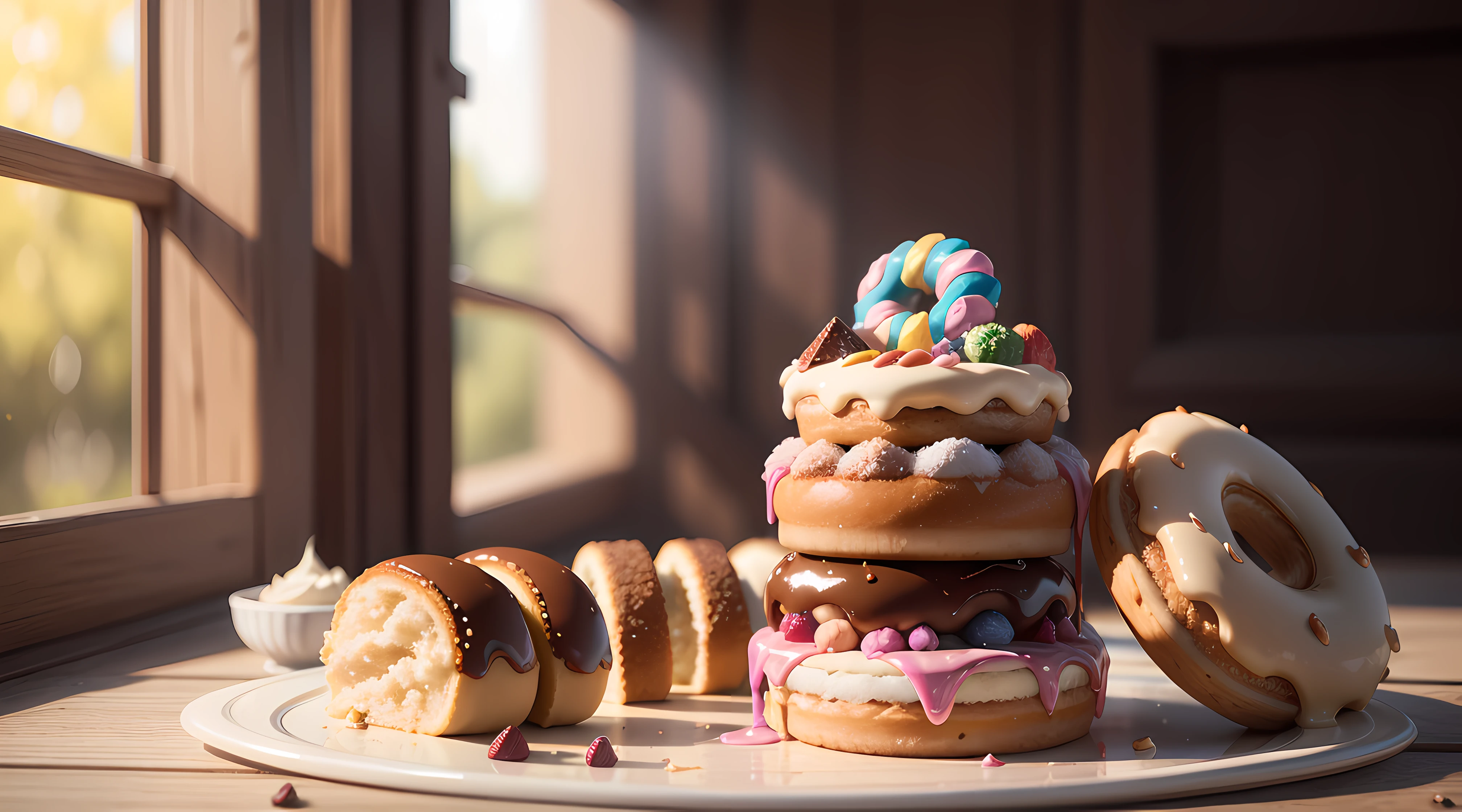 (masterpiece), (best quality), (high quality), extremely detailed CG unity 8k wallpaper, Octane Render, RTX, ray tracing, photorealistic rendering, cinematic lighting, stunning donuts on a wooden table, exquisite textures, mouthwatering desserts, succulent sweetness, luscious glaze, tantalizing treats, intricate details, sumptuous indulgence, alluring confections, delectable pastries, impeccable realism, captivating composition, vibrant colors, cinematic depth of field, play of light and shadows, mouthwatering visual feast.