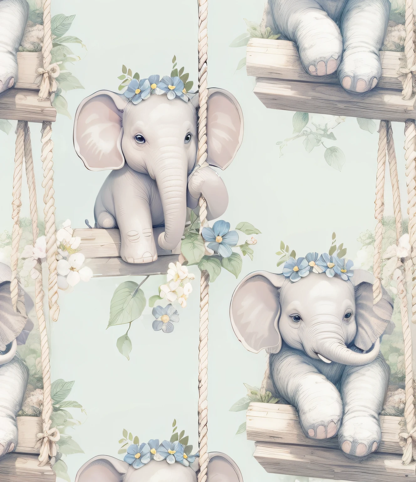 Elephant drawing on swing, flores e corda