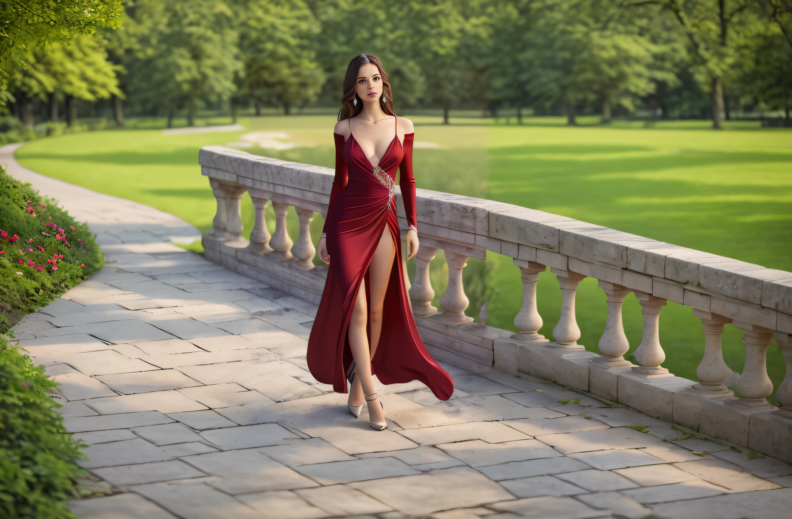 (a beautiful girl,princess,woman,lady)(walking, strolling, wandering, moving gracefully)(on a stone path)(in a park, in a beautiful garden, surrounded by flowers and trees, with colorful autumn leaves falling)(under the golden afternoon sunlight, bathed in warm sunlight)。(best quality,4k,8k,highres,masterpiece:1.2),ultra-detailed,(realistic,photorealistic,photo-realistic:1.37),HDR,UHD,stunning colors,soft shadows)。