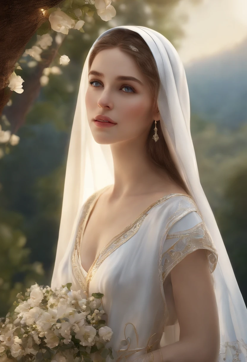 (Holy virgin mary of LOURDES))) Masterpiece, (Best quality: 1.2), (Super fine: 1.2), Illustration, (Extremely delicate and beautiful: 1.2), Film angle, Floating, (Beautiful detail eye: 1.1), (Detail Light: 1.1), Film lights, Delicate sky, Blue eyes, (High ponytail: 1.1), Layer, Bright eyes, Starry sky, (Light particles: 1.1) drawing, blossom. (masterpiece), (best quality), (photorealistic:1.3), 8k, detailed skin texture, detailed cloth texture, beautiful detailed face, intricate details, ultra detailed (full-length body:1.2)