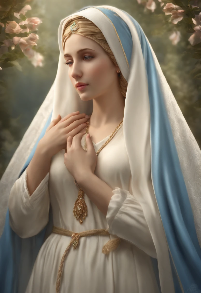 (Holy virgin mary of LOURDES))) Masterpiece, (Best quality: 1.2), (Super fine: 1.2), Illustration, (Extremely delicate and beautiful: 1.2), Film angle, Floating, (Beautiful detail eye: 1.1), (Detail Light: 1.1), Film lights, Delicate sky, Blue eyes, (High ponytail: 1.1), Layer, Bright eyes, Starry sky, (Light particles: 1.1) drawing, blossom. (masterpiece), (best quality), (photorealistic:1.3), 8k, detailed skin texture, detailed cloth texture, beautiful detailed face, intricate details, ultra detailed (full-length body:1.2)
