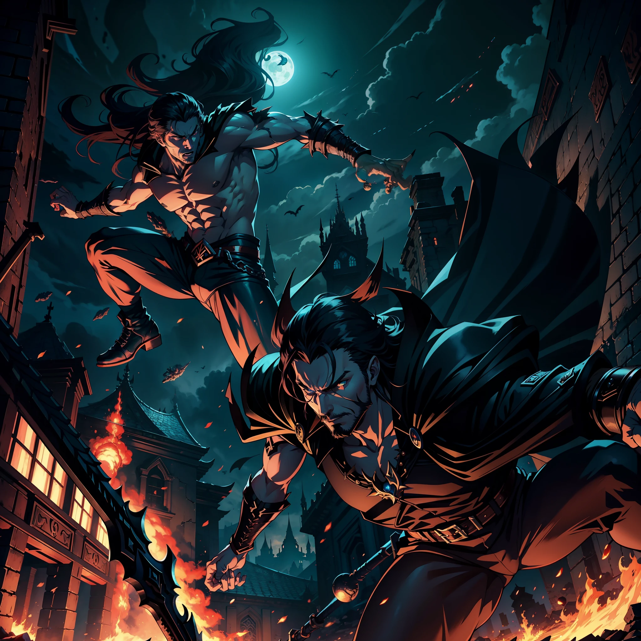 Castlevania Shadow Lord hyper realistic super detailed Dynamic cinematic scenes of men in battle