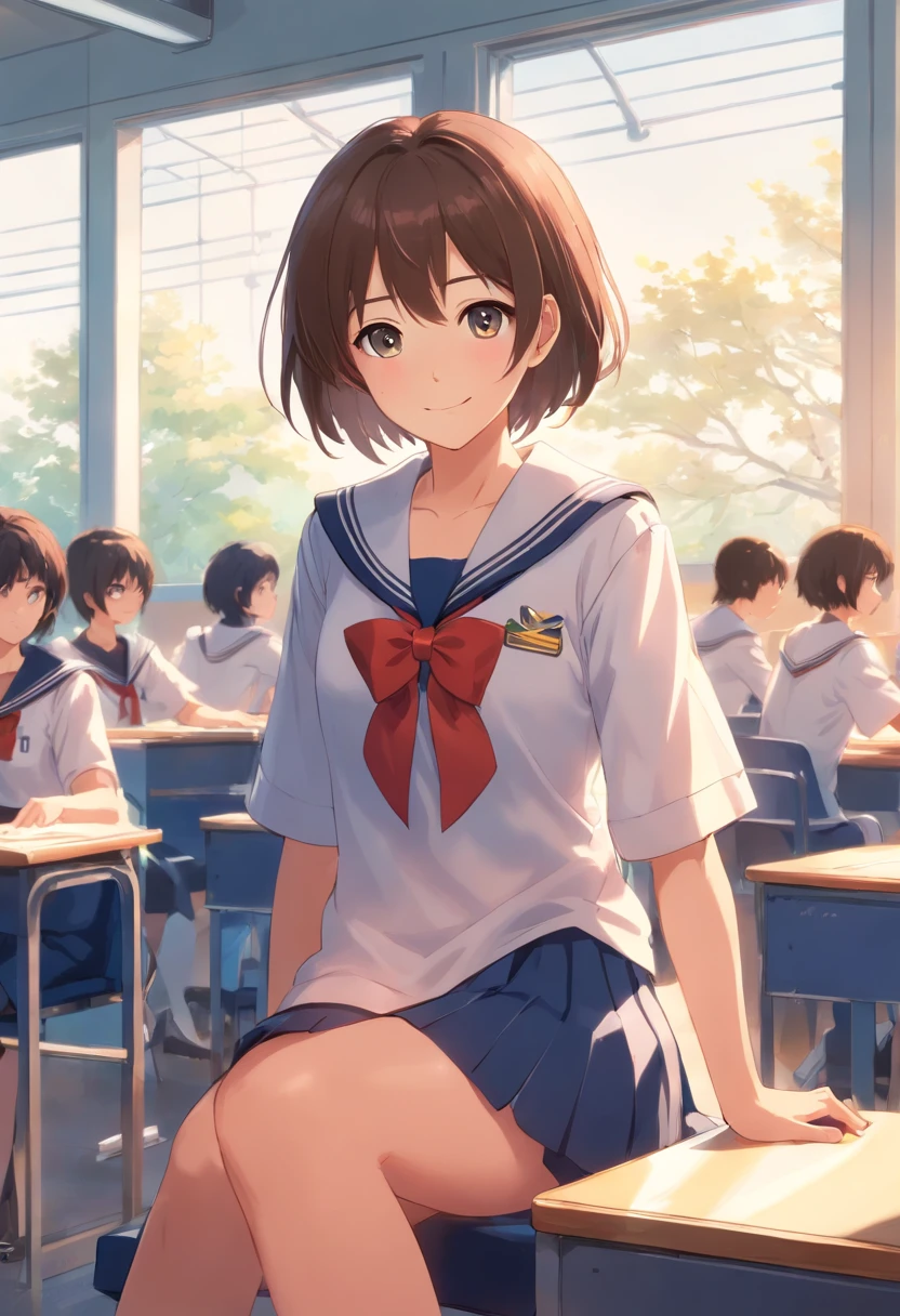 girl,It's a girl,Short bob hair,A smile,hi-school girl,Large classroom,Brown hair,Sit by the window in the classroom,Unable to write math problems,The gentle sun shines on him,Was wearing a uniform,It is a sailor suit