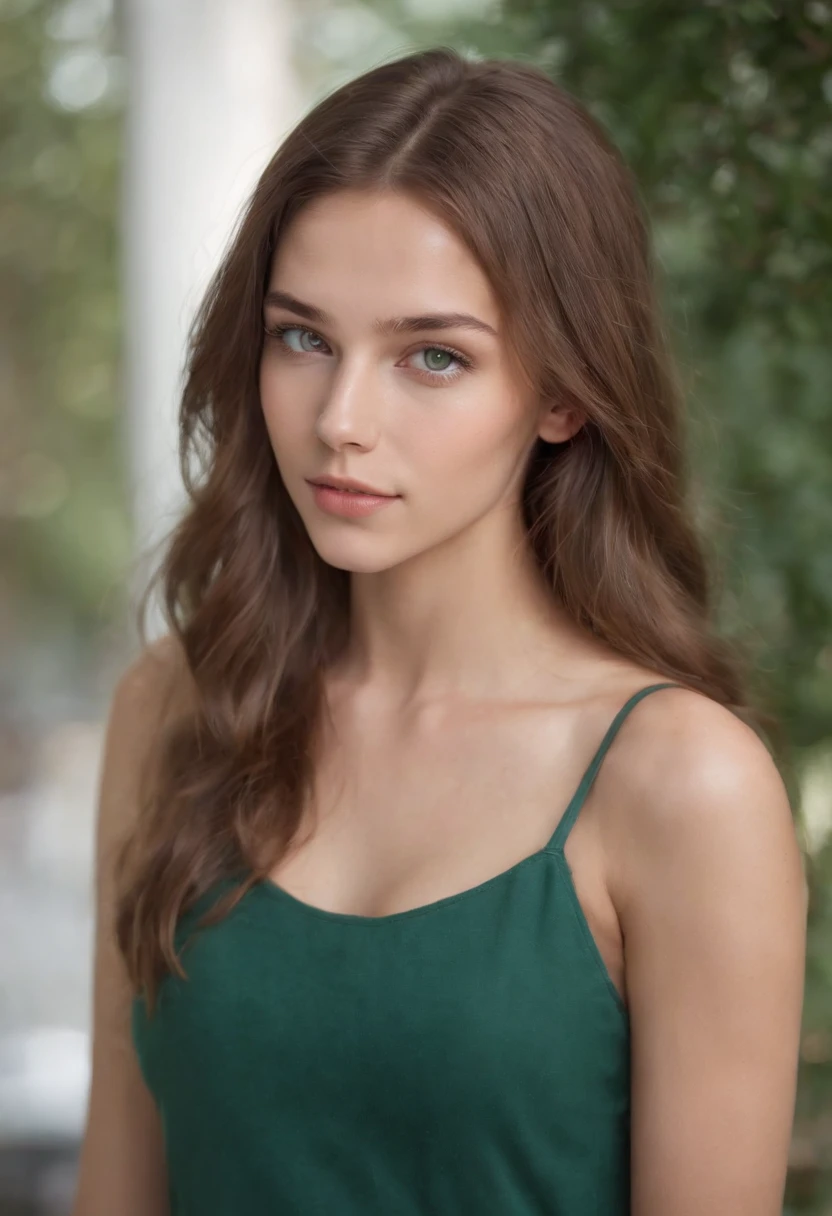 tan complexion, woman around 19 years old, natural brown hair, distinctive green eyes, slender, seductive, beautiful, natural lighting, ultra sharp focus, realistic shot, showing bare breasts to young man, young man is around 19 years old, innocent looking young man with shaggy blonde hair and blue eyes with an athletic body, he is looking at her bare breasts and enjoys them