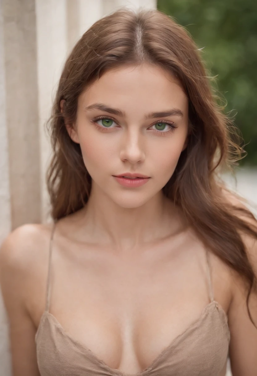 tan complexion, woman around 19 years old, natural brown hair, distinctive green eyes, slender, seductive, beautiful, natural lighting, ultra sharp focus, realistic shot, showing bare breasts to young man, young man is around 19 years old, innocent looking young man with shaggy blonde hair and blue eyes with an athletic body, he is looking at her bare breasts and enjoys them