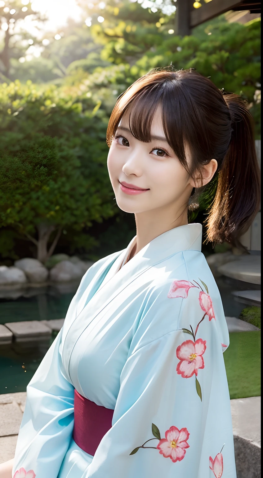 (Photorealsitic:1.4), (Top image quality:1.0), (超A high resolution:1.0), Raw photography, (​masterpiece:0.2), (pureerosface_v1:0.5)、(Best Quality Detail:1.2)、realisitic、8K UHD、hight resolution、(1girl in:1.2)、The ultra-detailliert、High quality textures、intricate detailes、detaileds、Very detailed CG、High quality shadows、Detail Beautiful delicate face、Detail Beautiful delicate eyes、depth of fields、Ray traching, 1girl in, japanaese girl, Cute, slender, Kimono with Japanese pattern, Floral scrunchie, Beautiful skin, Facing the front, Sit down, Sit upright and say thank you, Align your hands elegantly, Smile faintly The Land of Japan, Japanese garden, skyporn, Magic Hour, (Realistic:1.3), Finely detailed, quality, (masutepiece:1.2), (Intricate details), Dramatic, photograph, +Lola, Low ponytail, lightsmile, (Photorealistic:1.2), Ray tracing, From Side, 8K, (Best Quality)
