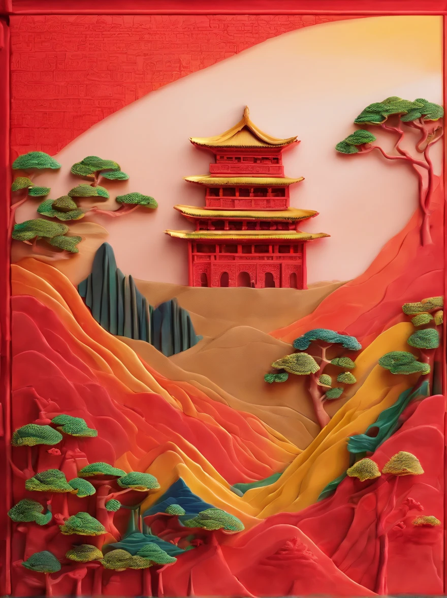 Ancient painting giant pen, Poetic, beijing, Great Wall of China, closeup cleavage, Gradient, Golden architecture, Matte red background, Trees and emperors decorate paradise