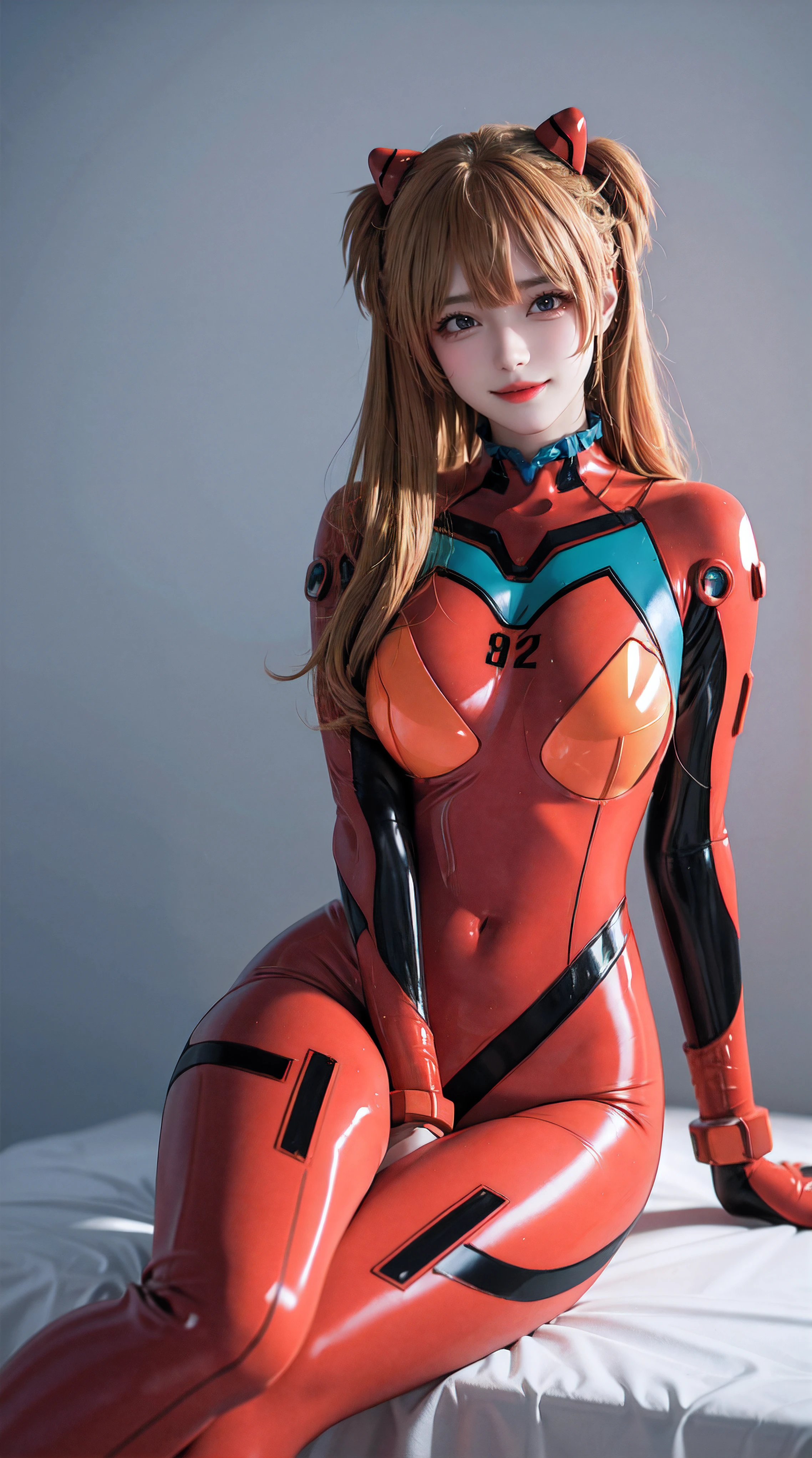 1girl, beautiful face, asuka cosplay costume, cosplay, plugsuit, bodysuit, hair ornament,