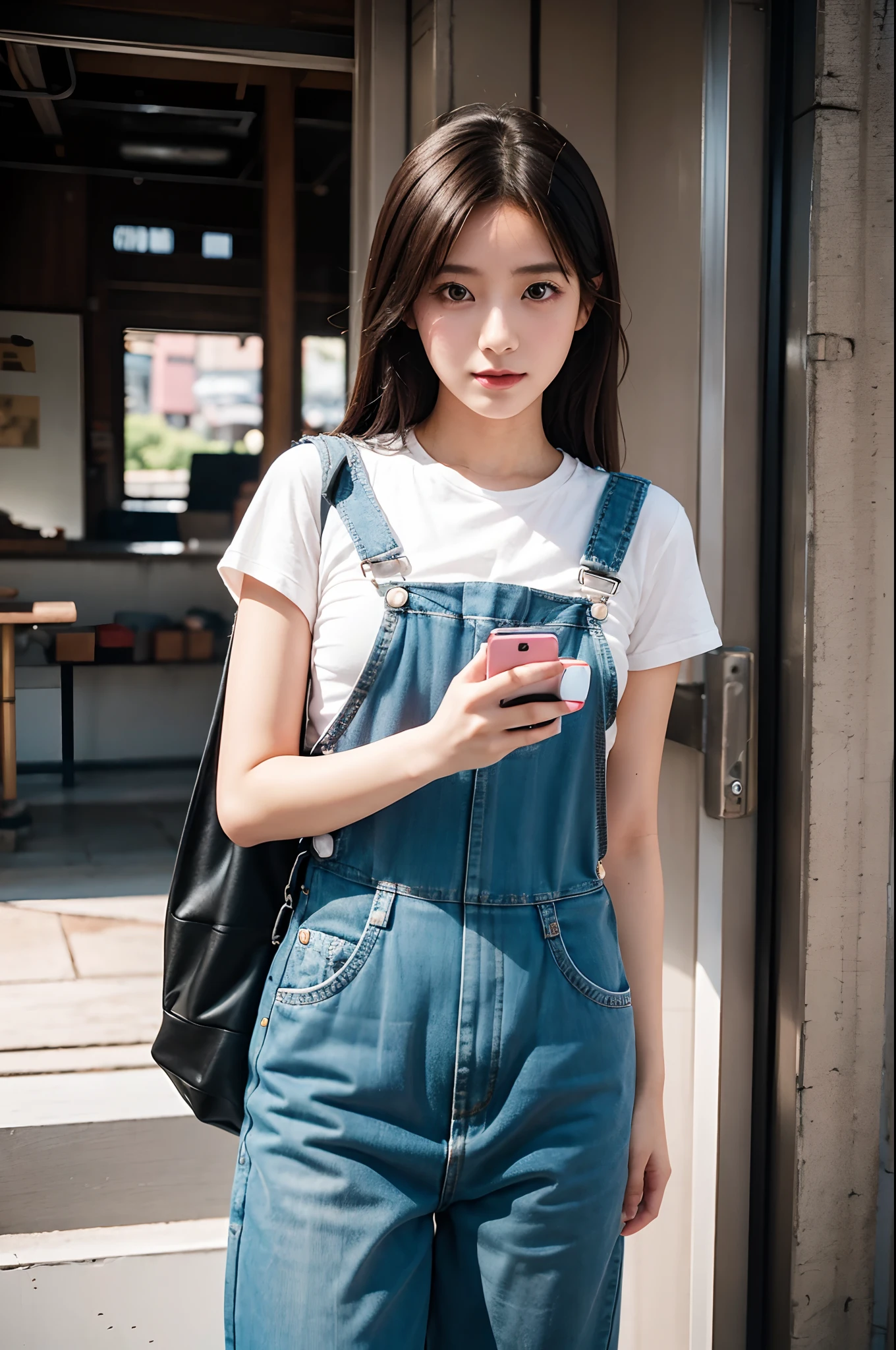there is a woman in overalls holding a cell phone, e - girl, e-girl, chiho, captured on canon eos r 6, eeri, shot on canon eos r5, shot on canon eos r 5, lofi girl, taken with canon eos 5 d mark iv, artist wearing overalls, taken with canon 8 0 d