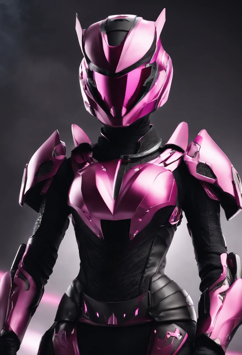 woman in a pink and black outfit, simplified pink armor, plain pink armor, fuchsia skin beneath the armor, cyber fight armor, sharp silver armor fuchsia skin, cyber japan style armor, cyber japan armor, Kamen Rider character, fuchsia skin below the armor, knights of zodiac girl, girl wearing a mecha cyber armor, tokusatsu, ultra realistic, Kamen rider, 4K