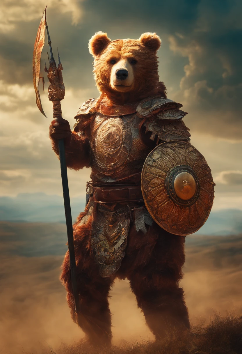 Teddy bear warrior carrying a spear and shield, debaixo da cama. ACTION SCENE