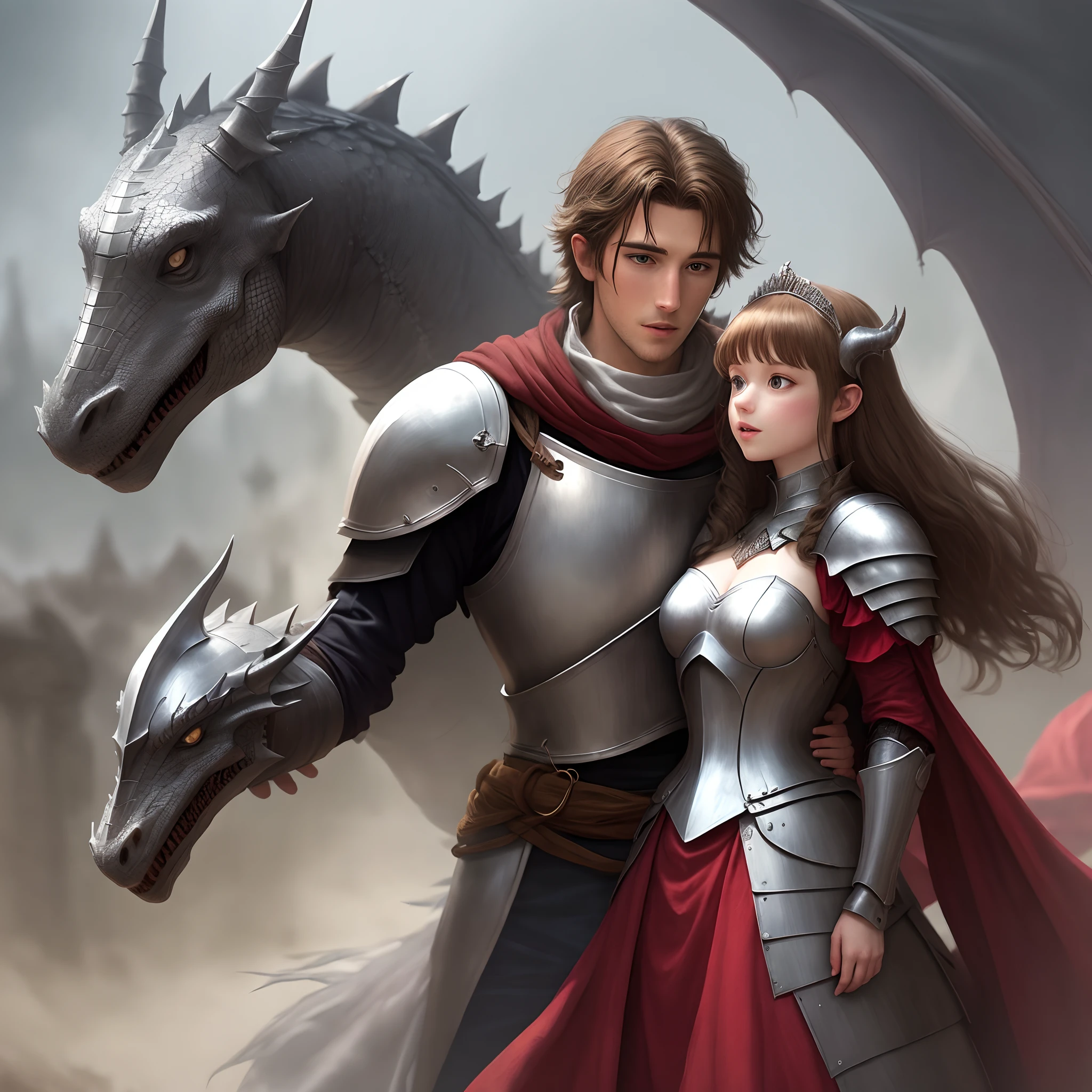 Knight covering the princess from dragons and monsters