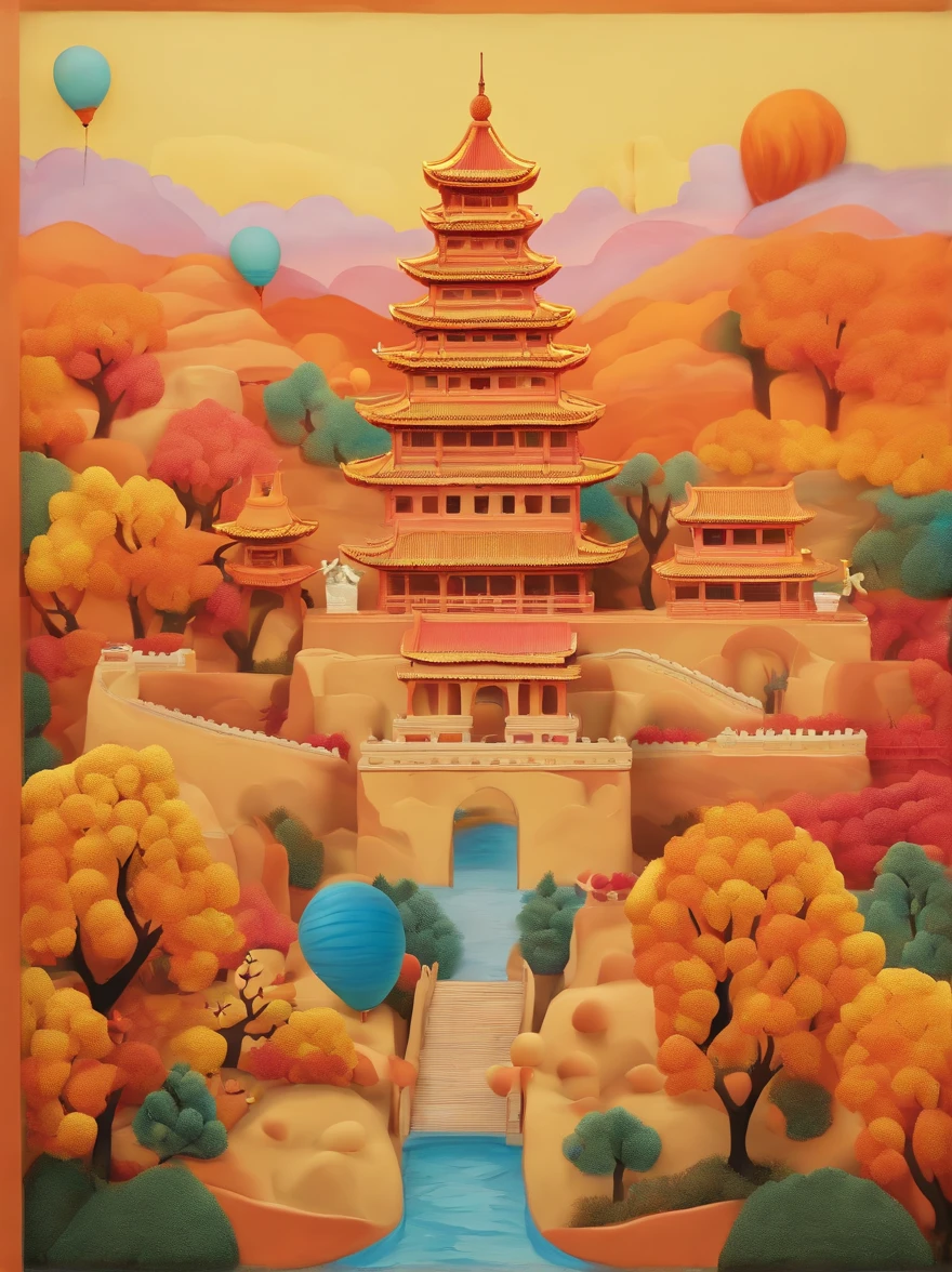 Ancient painting giant pen, Poetic, beijing, Great Wall of China, balloons,closeup cleavage, Gradient, Golden architecture, Orange background, Trees and emperors decorate paradise