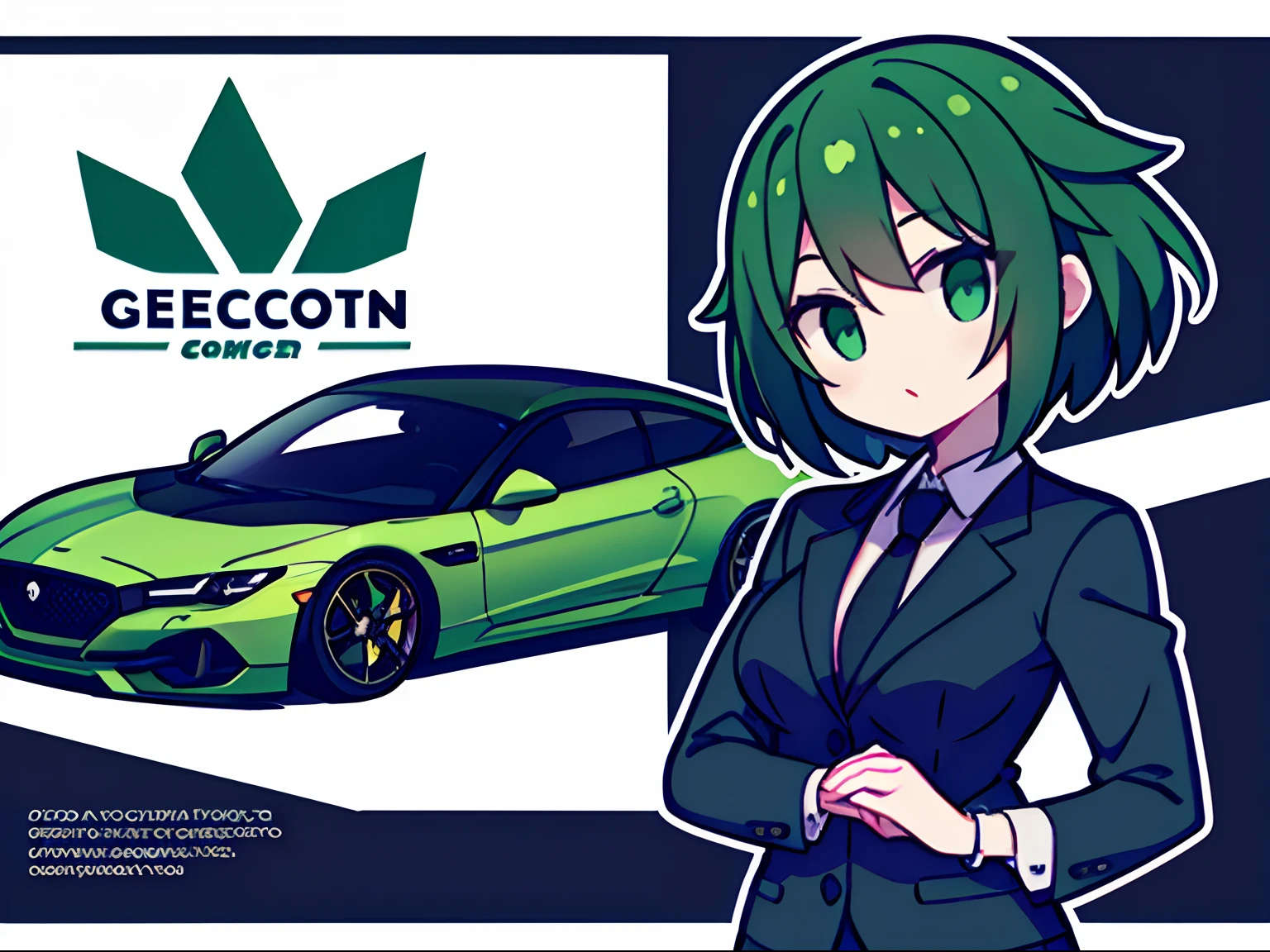 The logo of the car customization company should be a short green black hair、Green eyes、Girl in suit