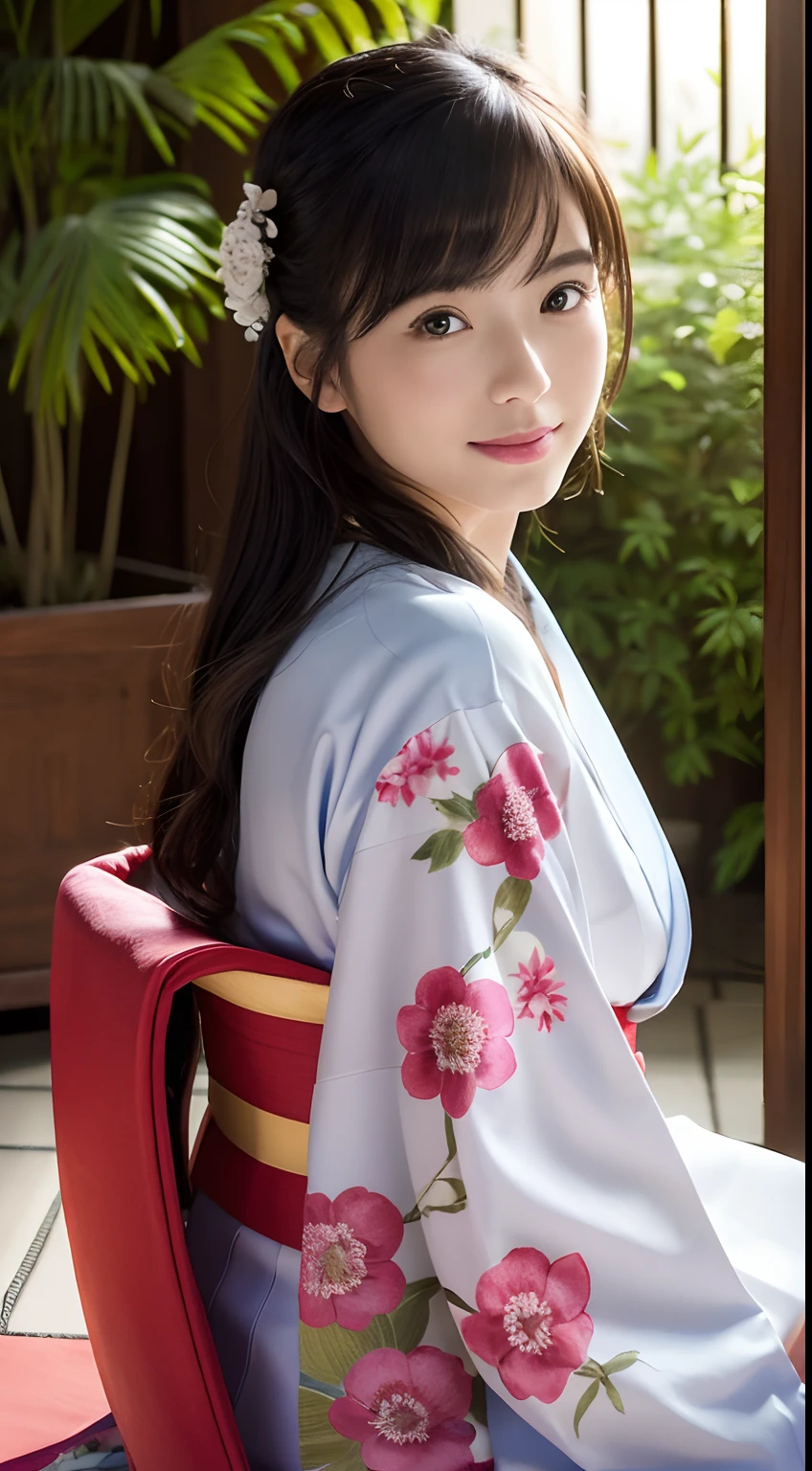 [super high quality,Masterpiece,Ultra high definition],((Japanese,woman,1 person,Super Beauty,Japanese beauty)),(seven-headed body,Model Body Type,Beautiful Skin,Dark brown eyes,Smile slightly),(Middle Hair,Black Hair,Her hair is tied up in a bun),(A lustrous yukata,A yukata made of white fabric with a morning glory flower pattern),Approach to the shrine,fair,Out-of-focus background,night,Summer festival