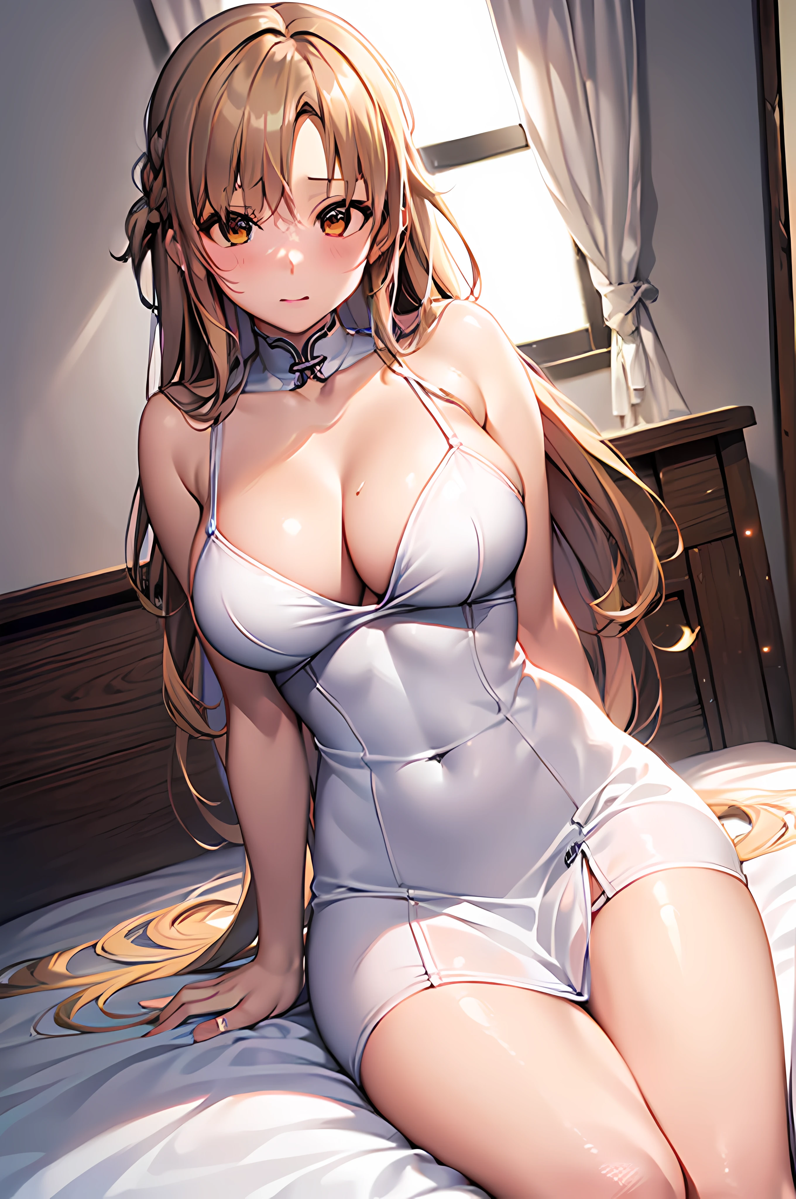 (Best quality, 8k, ultra high res, absurdes:1.2), ( 1girl, beautiful face, beautiful body, aaasuna, long hair, brown hair, braid, brown eyes, Adult, mature, shy, blush), (Bedroom, sitting on bed, white dress), (noon, warm lights, looking at viewer)