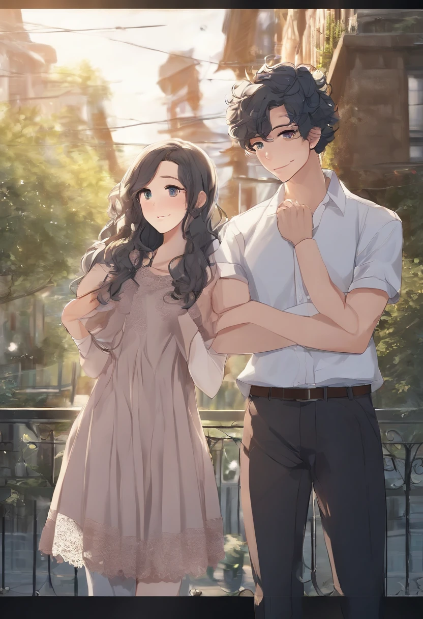 Man and woman standing next to each other with hands together, lovely couple, Happy couple, Couple Pose, a couple, wearing casual clothing, With a child, wearing casual clothing, exciting illustration, growth of a couple, teen boy, watermarked:-1, girl with (A dark-haired、Long hair up to waist length、Curly hair、Light blue eyes、Blue lace dress、a smile)、male people(A dark-haired、Curly hair、short-hair、Troubled look)、The background is the city , Smiling couple