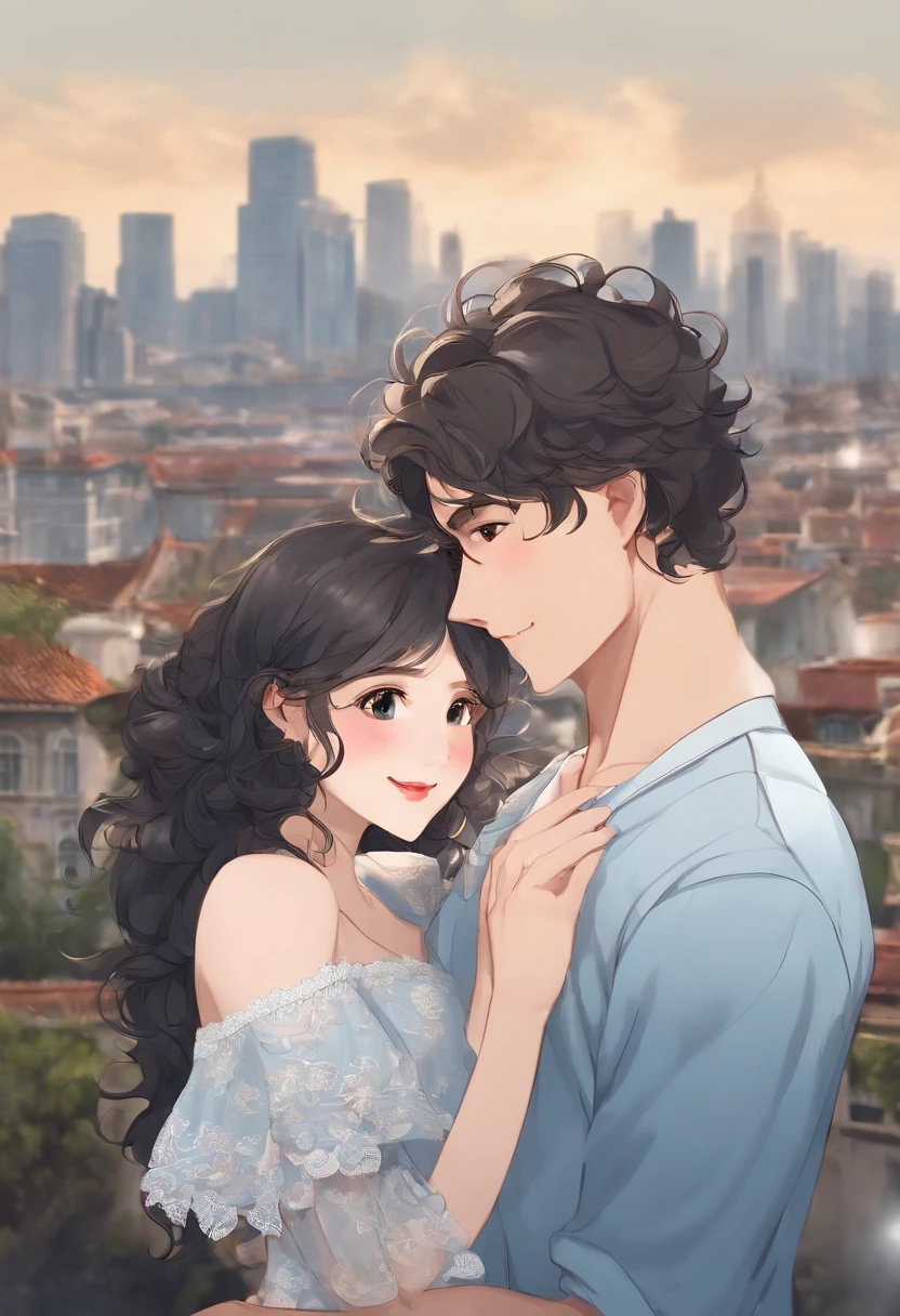 Man and woman standing next to each other with hands together, lovely couple, Happy couple, Couple Pose, a couple, wearing casual clothing, With a , wearing casual clothing, exciting illustration, growth of a couple, teen watermarked:-1, girl with (A dark-haired、Long hair up to waist length、Curly hair、Light blue eyes、Blue lace dress、a smile)、male people(A dark-haired、Curly hair、short-hair、Troubled look)、The background is the city , Smiling couple