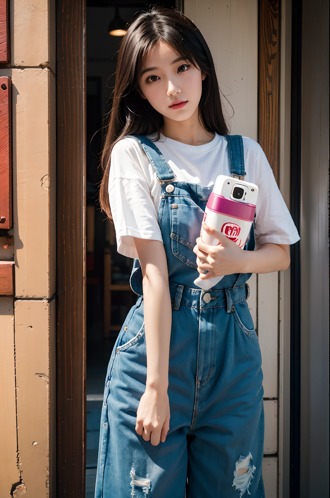 there is a woman in overalls holding a cell phone, a picture inspired by Ei-Q, flickr, neogeo, e-girl, e - girl, chiho, captured on canon eos r 6, eeri, shot on canon eos r 5, shot on canon eos r5, lofi girl, taken with canon eos 5 d mark iv